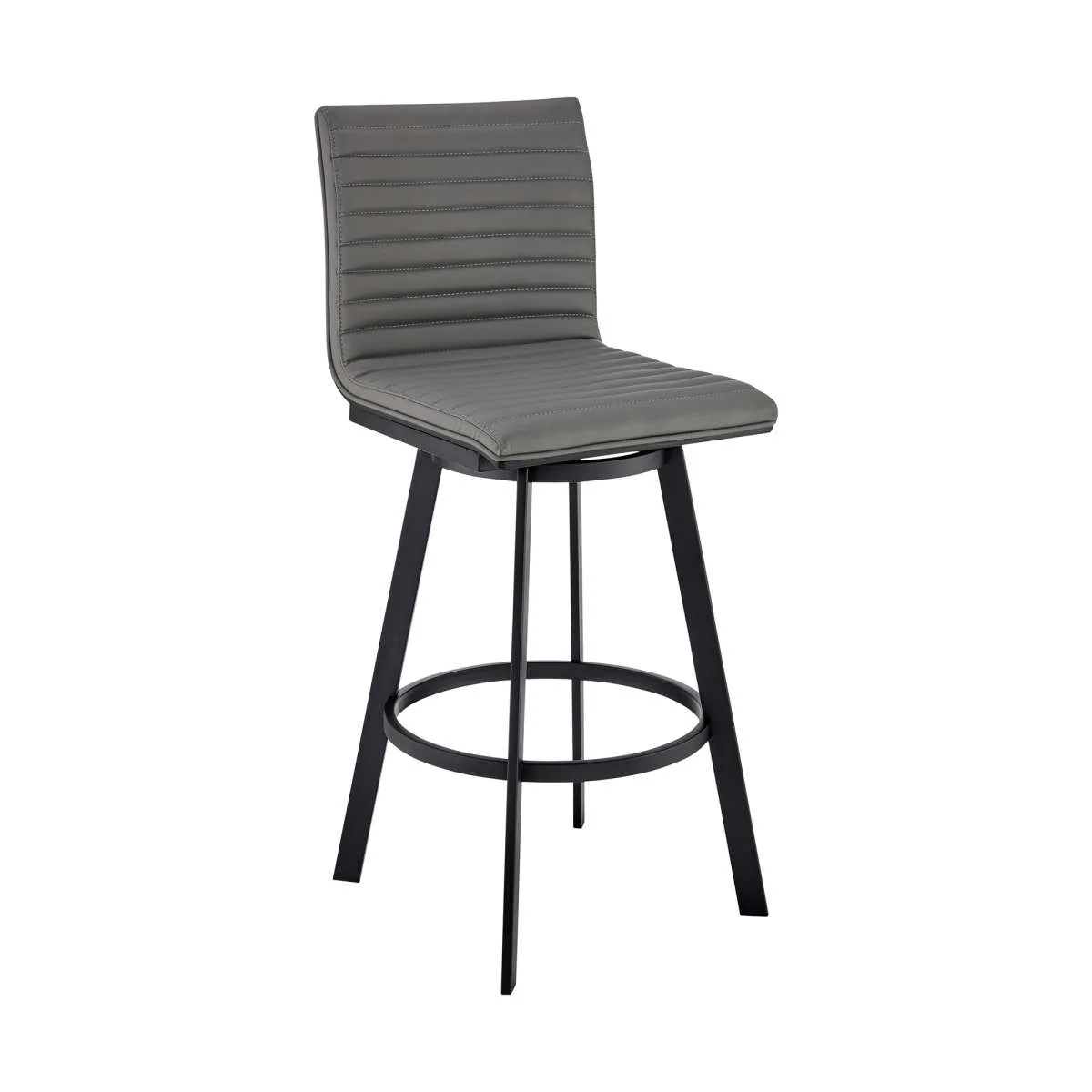 Jermaine 30" Bar Height Swivel Bar Stool in Matt Black Finish with Gray Faux Leather By Armen Living - Image 2