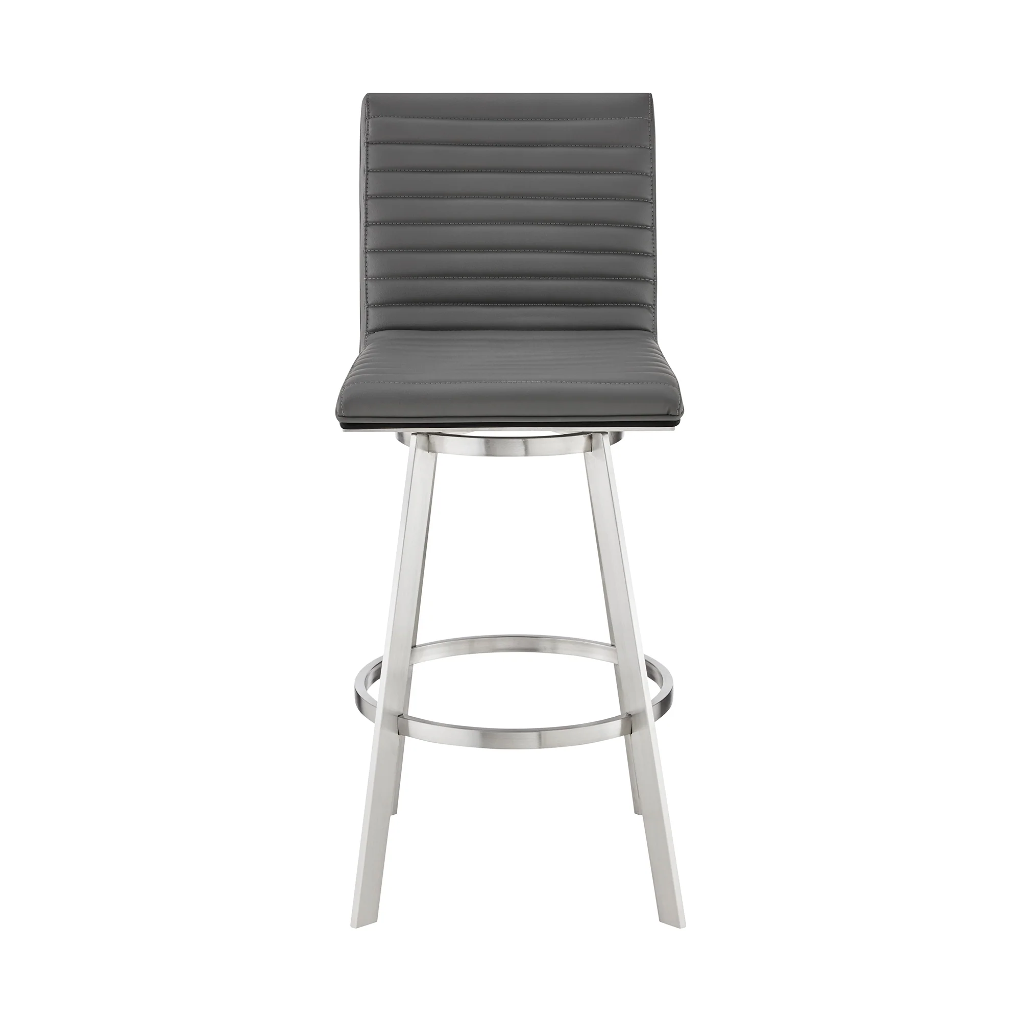 Jermaine 30" Bar Swivel Bar Stool in Brushed Stainless Steel Finish and Gray Faux Leather By Armen Living - Image 3