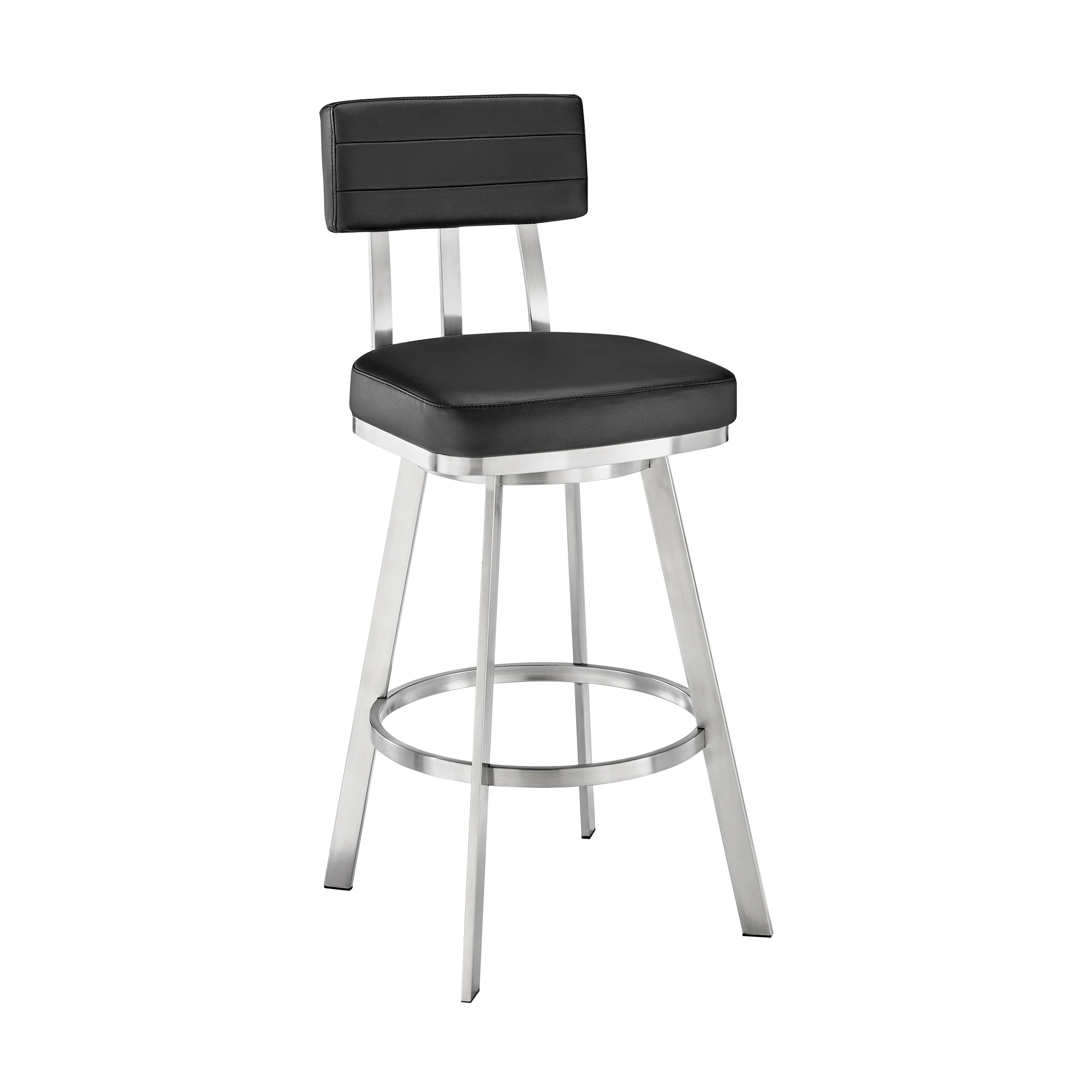 Jinab Swivel Bar Stool in Brushed Stainless Steel with Black Faux Leather By Armen Living - Image 2