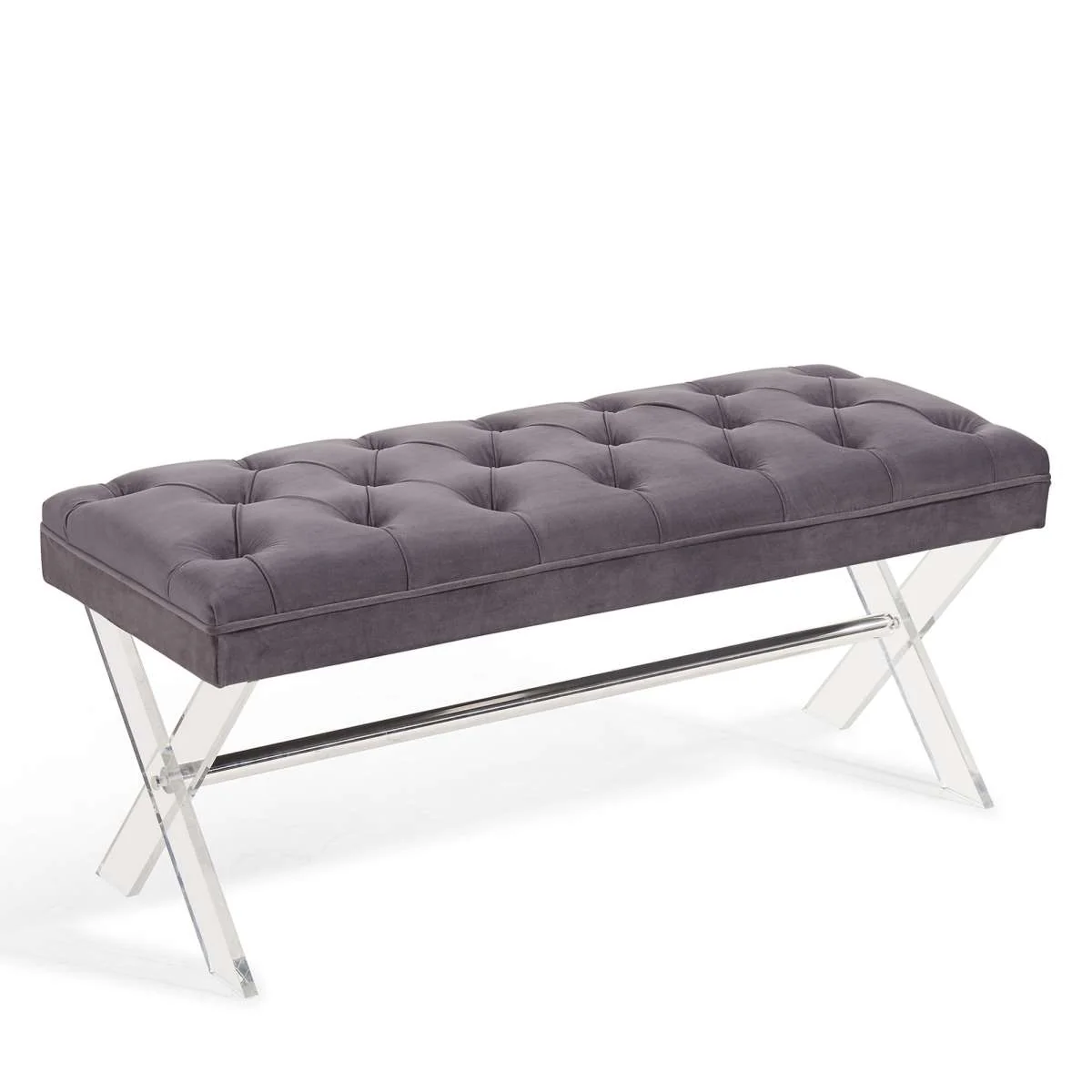 Joanna Ottoman Bench in Gray Tufted Velvet with Crystal Buttons and Acrylic Legs By Armen Living - Image 2