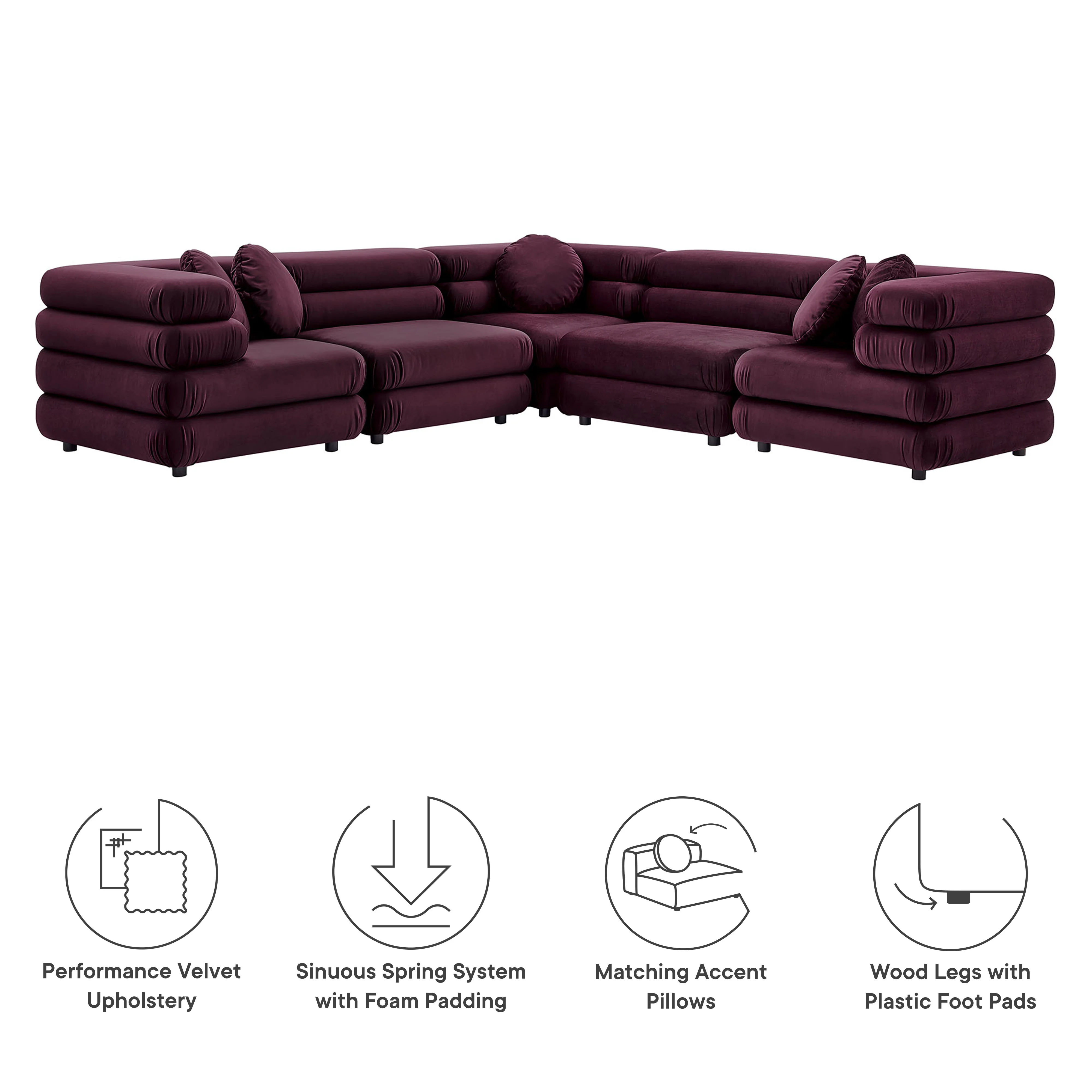 Jubilee 5-Piece Modular Performance Velvet Sectional Sofa by Modway - Image 14