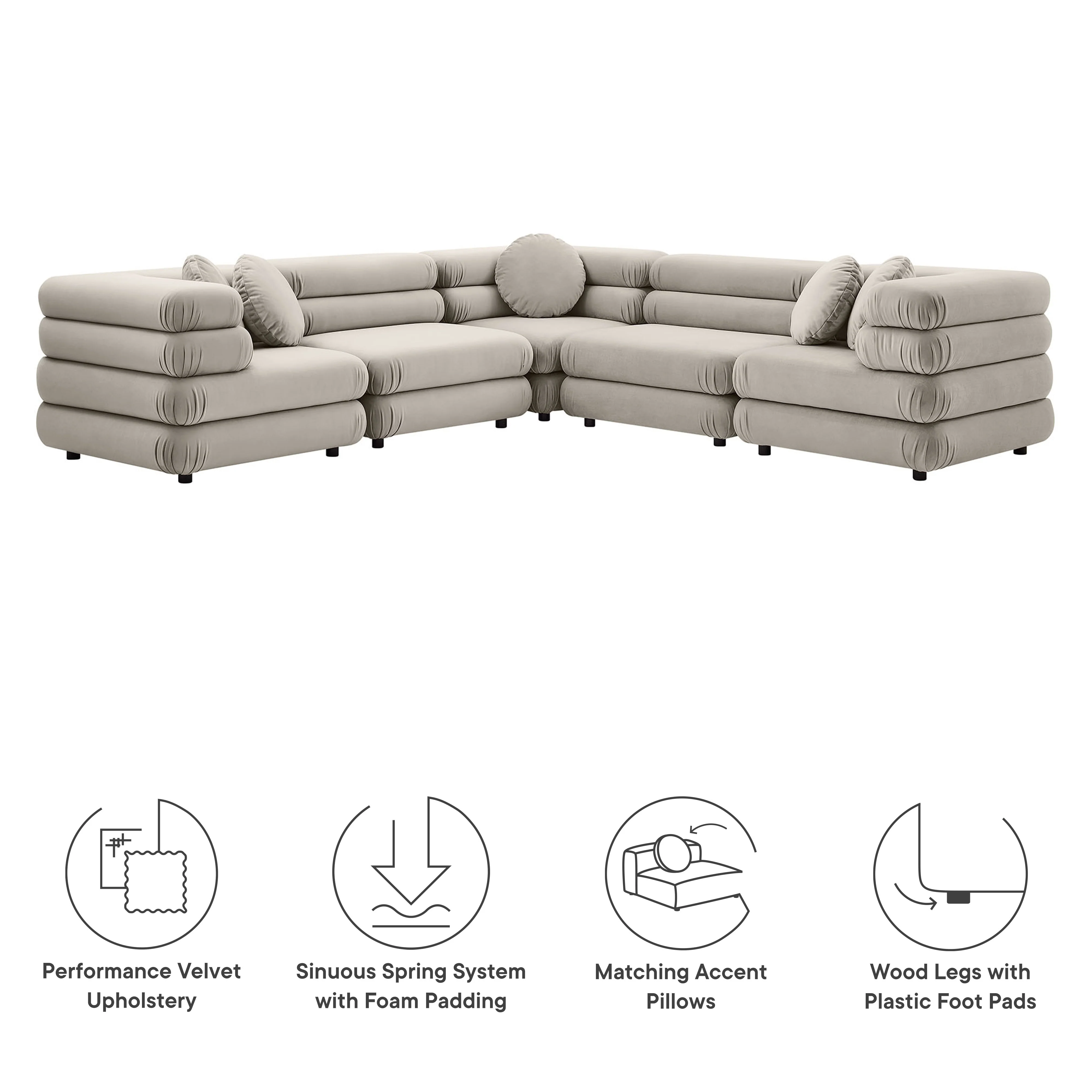 Jubilee 5-Piece Modular Performance Velvet Sectional Sofa by Modway - Image 7