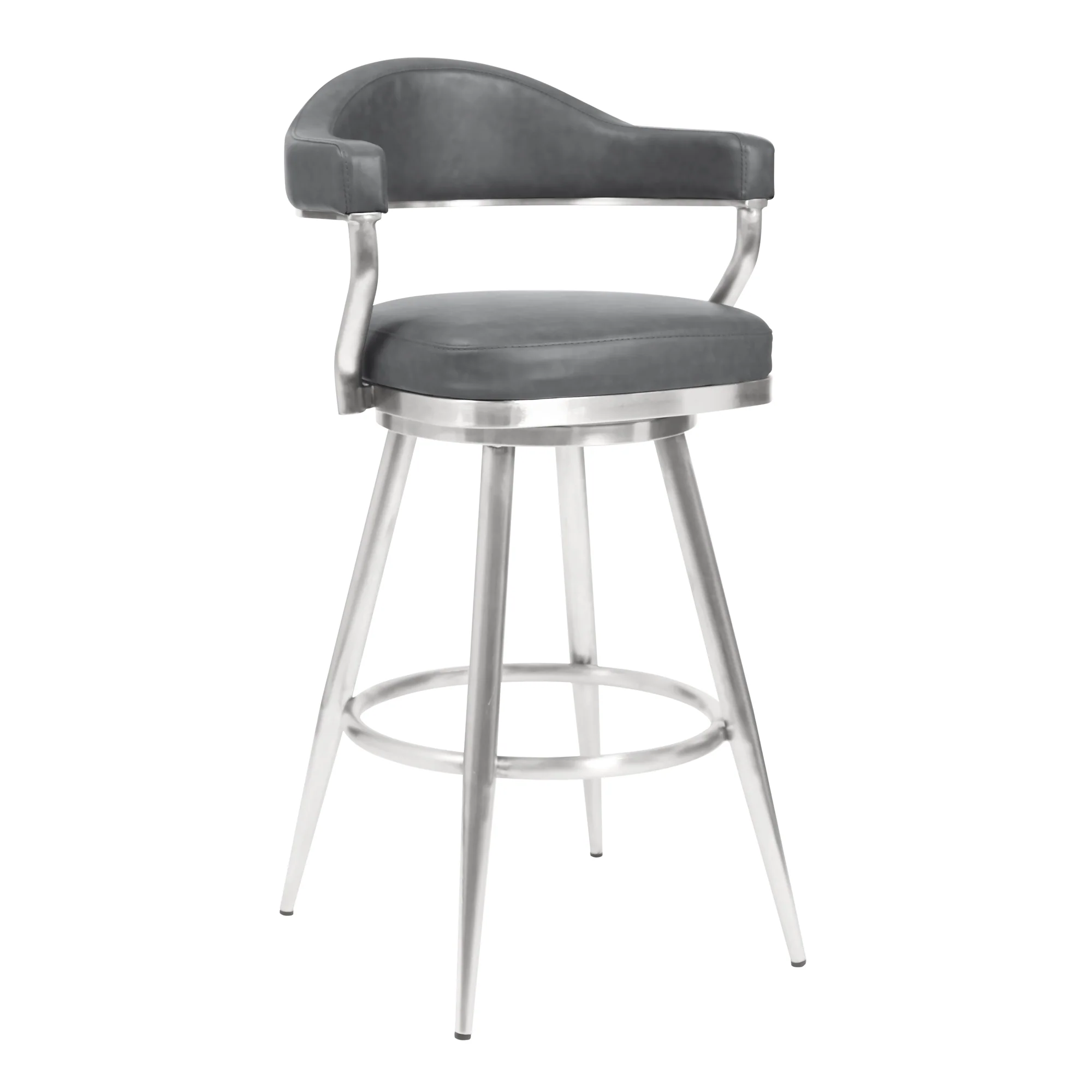 Justin 30" Bar Height Swivel Vintage Gray Faux Leather Bar Stool with Brushed Stainless Steel Legs By Armen Living - Image 2