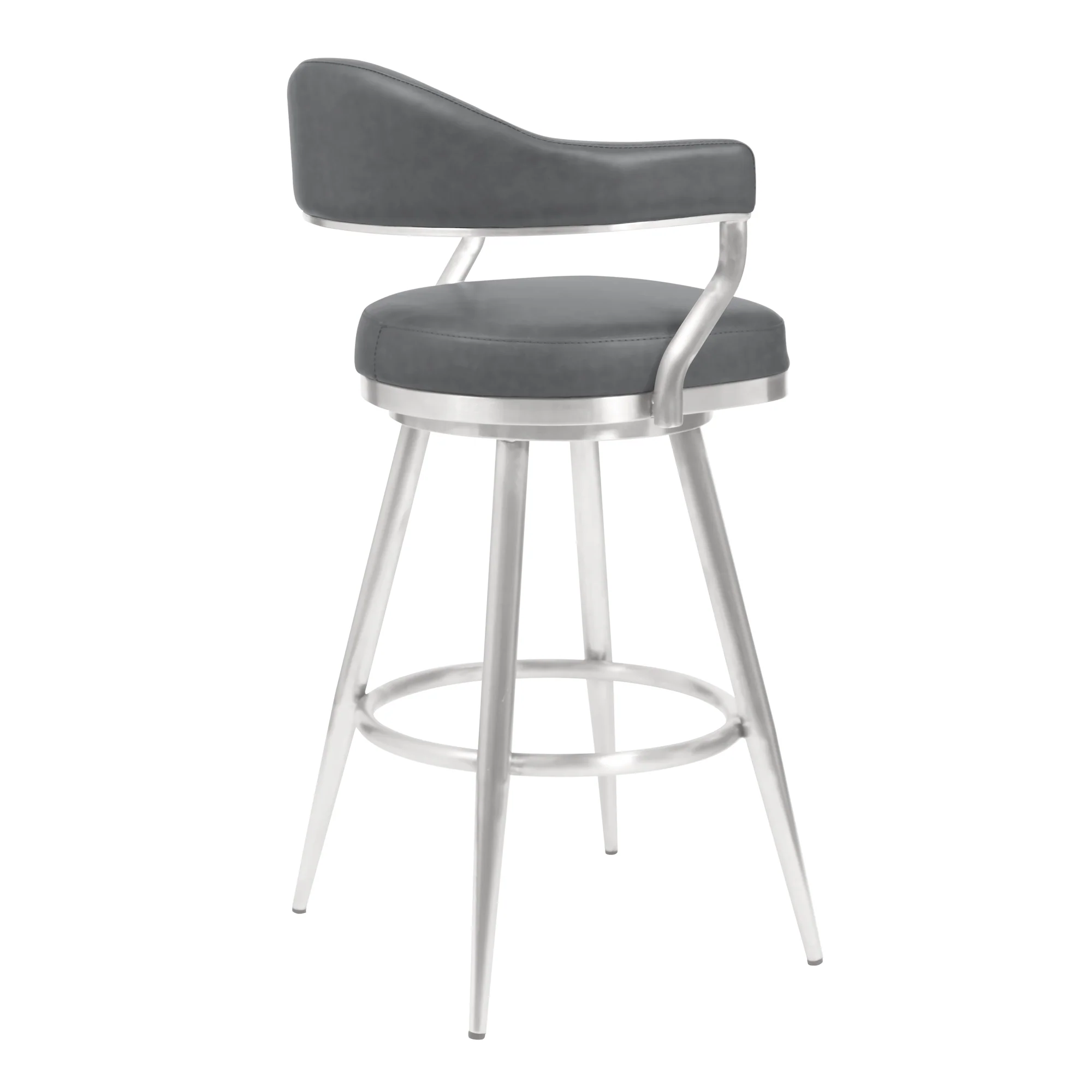 Justin 30" Bar Height Swivel Vintage Gray Faux Leather Bar Stool with Brushed Stainless Steel Legs By Armen Living - Image 3