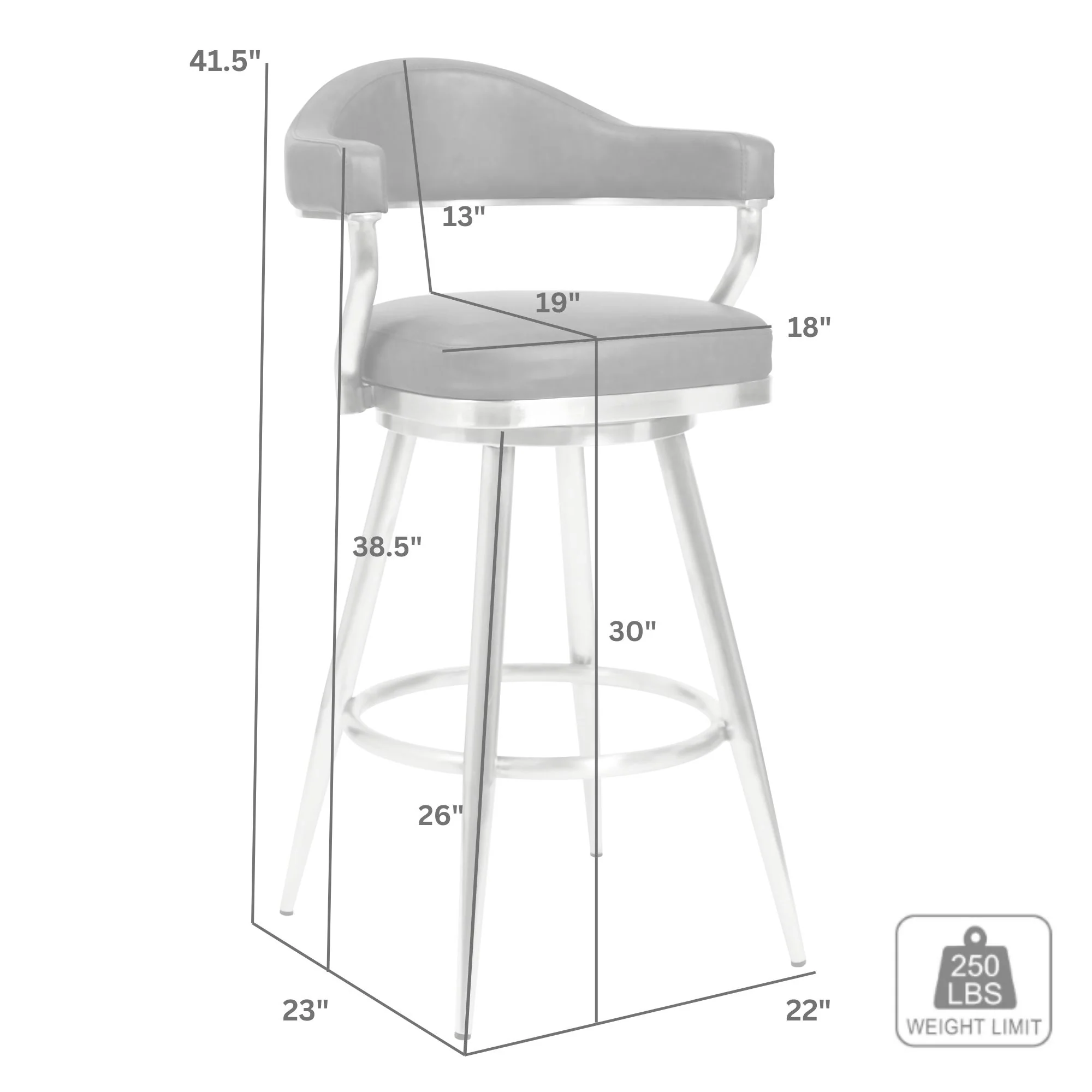 Justin 30" Bar Height Swivel Vintage Gray Faux Leather Bar Stool with Brushed Stainless Steel Legs By Armen Living - Image 7