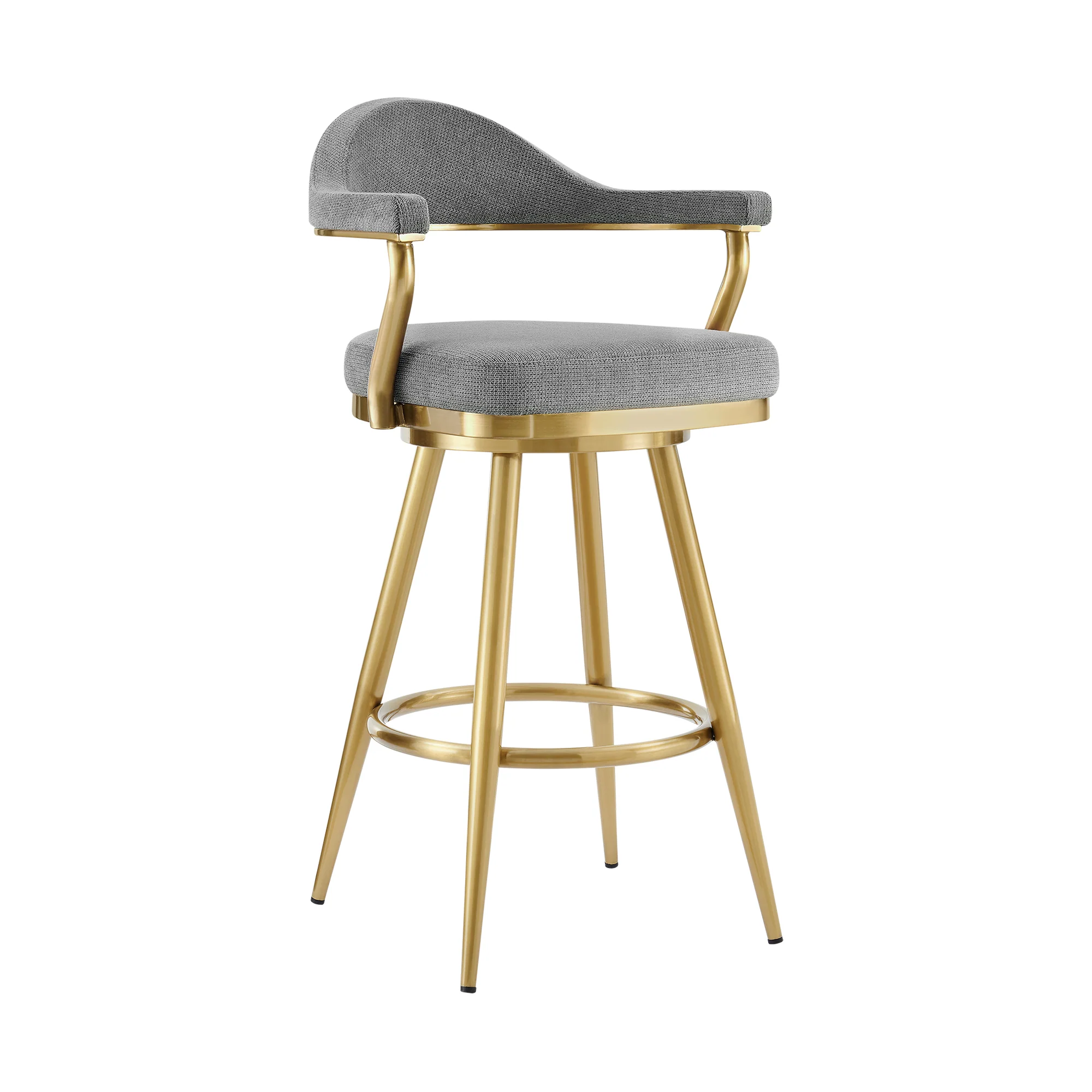 Justin 30" Swivel Bar Stool with Gold Brushed Stainless Steel and Anchor Gray Fabric By Armen Living - Image 2