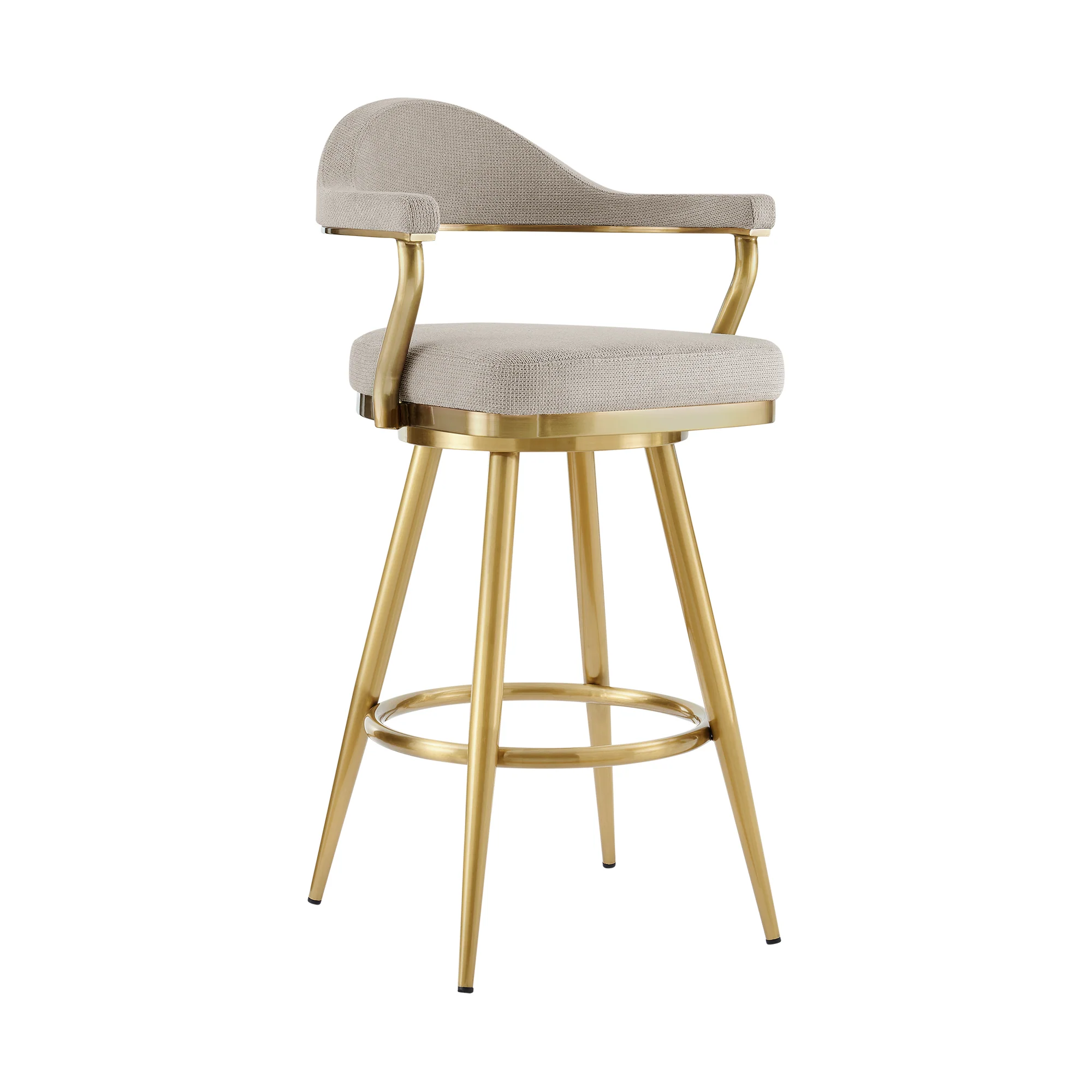 Justin 30" Swivel Bar Stool with Gold Brushed Stainless Steel and Taupe Fabric By Armen Living - Image 2