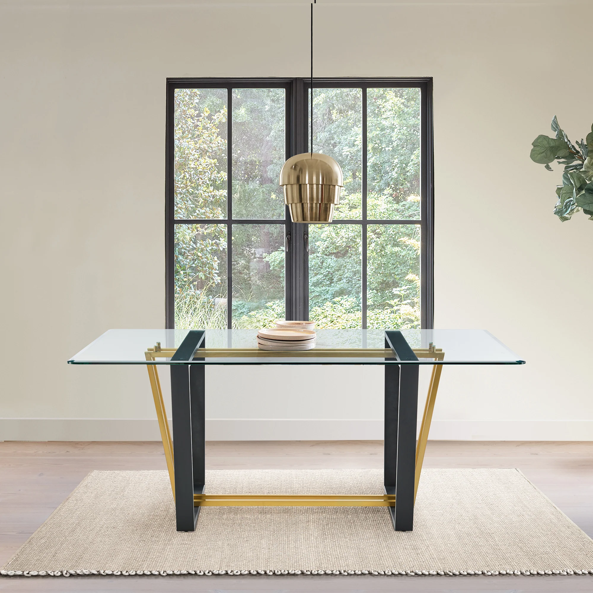 Kai 72" Rectangular Dining Table in Black Iron and Brushed Stainless Steel Base with Glass Tabletop By Armen Living - Image 10