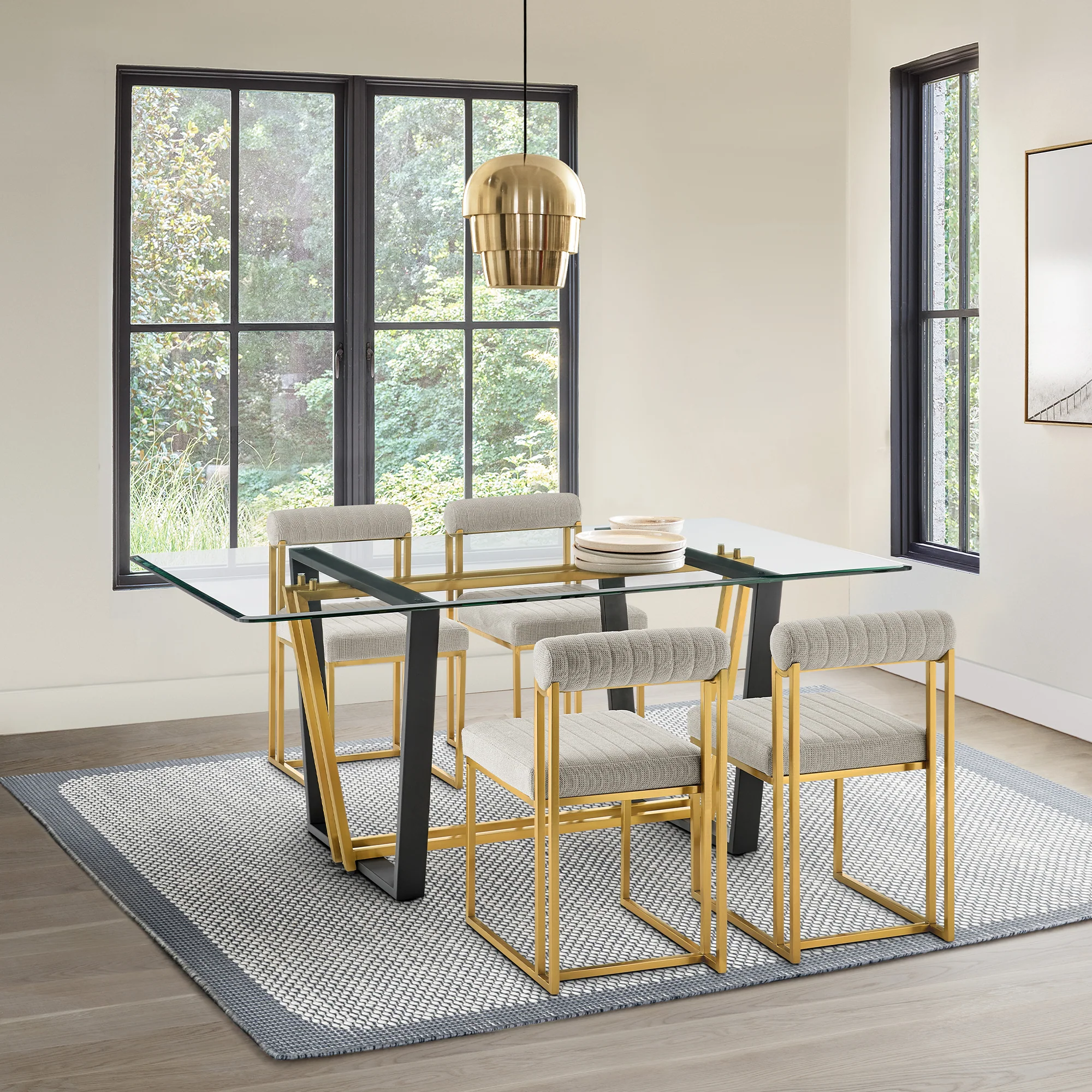 Kai 72" Rectangular Dining Table in Black Iron and Brushed Stainless Steel Base with Glass Tabletop By Armen Living - Image 11