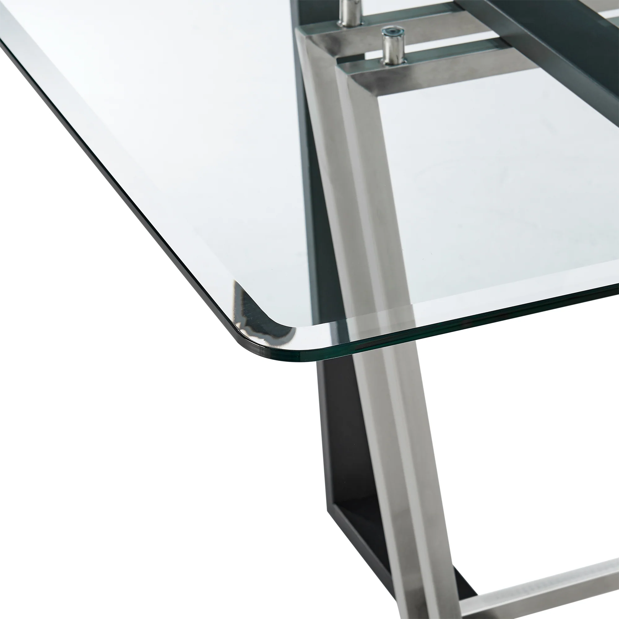 Kai 72" Rectangular Dining Table in Black Iron and Brushed Stainless Steel Base with Glass Tabletop By Armen Living - Image 6