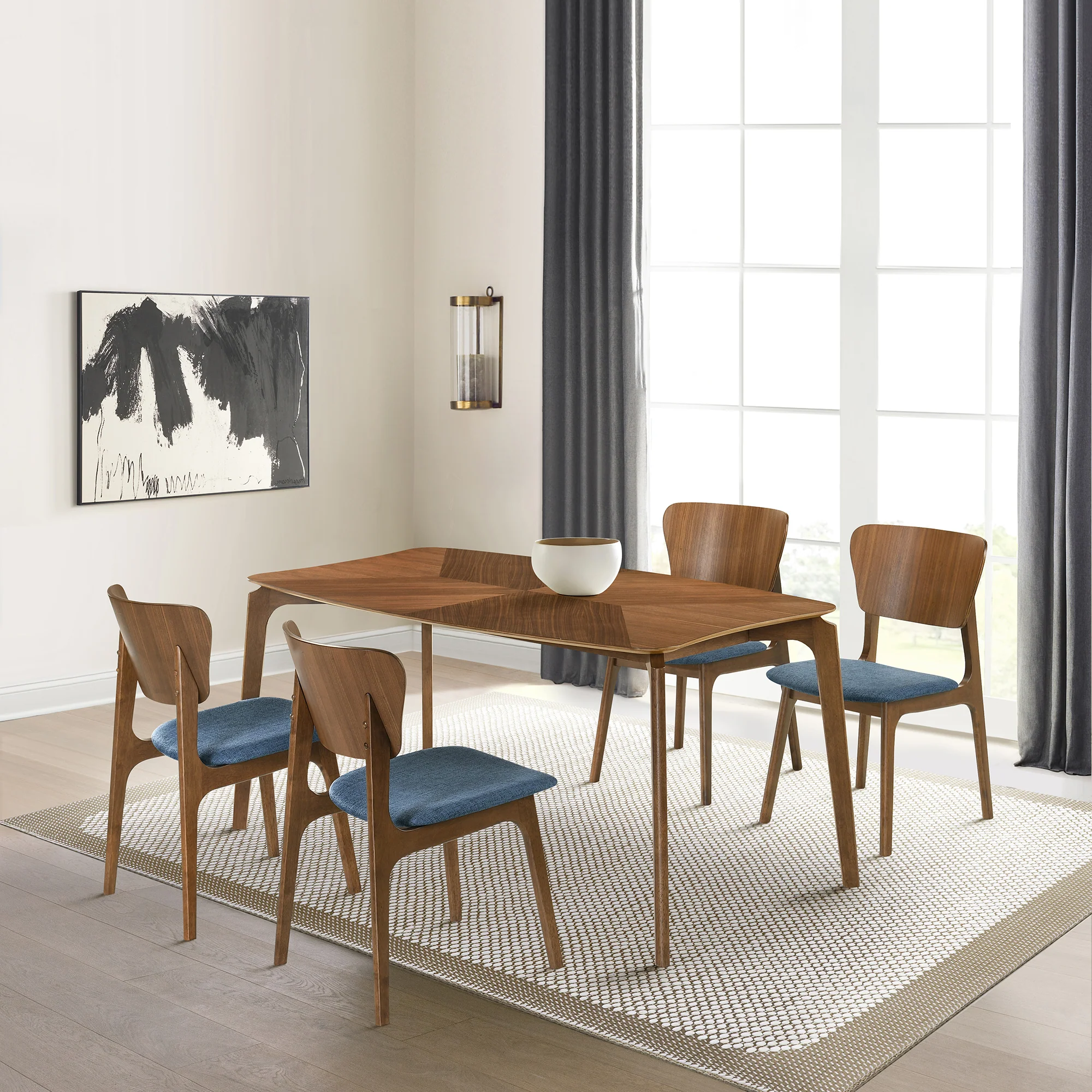 Kalia Wood Dining Chair in Walnut Finish with Blue Fabric - Set of 2 By Armen Living - Image 2