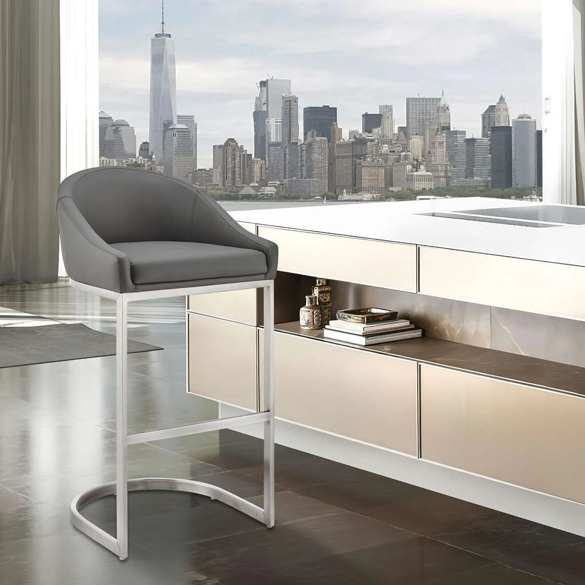 Katherine 30" Bar Stool in Brushed Stainless Steel with White Faux Leather By Armen Living - Image 9