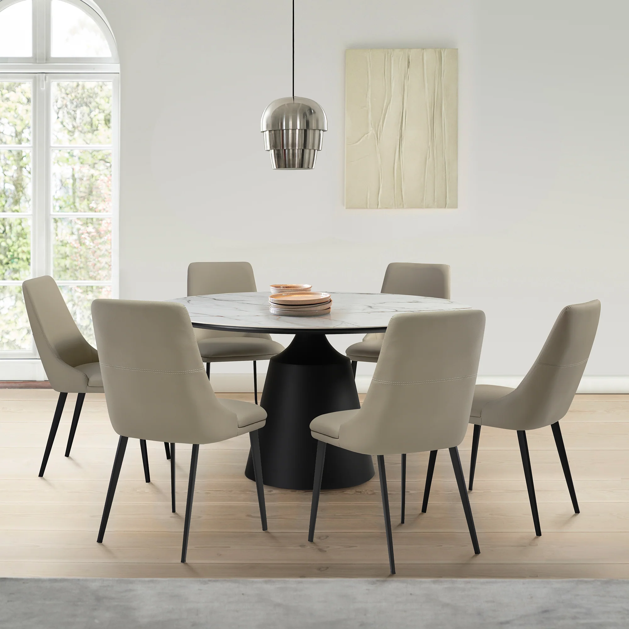 Knox Genesis 7 Piece Dining Set with Stone Top and Beige Faux Leather Chairs By Armen Living - Image 12