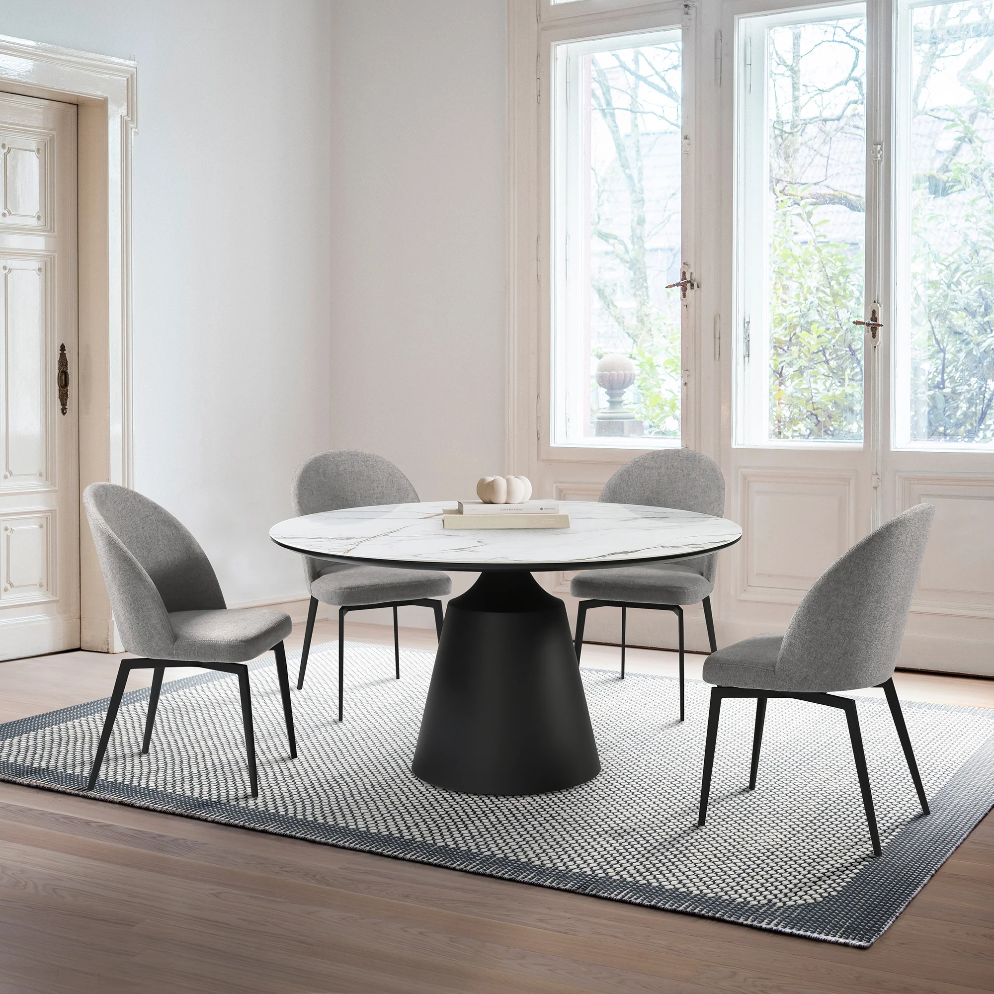 Knox Round Dining Table with Stone Top and Black Metal Base By Armen Living - Image 2