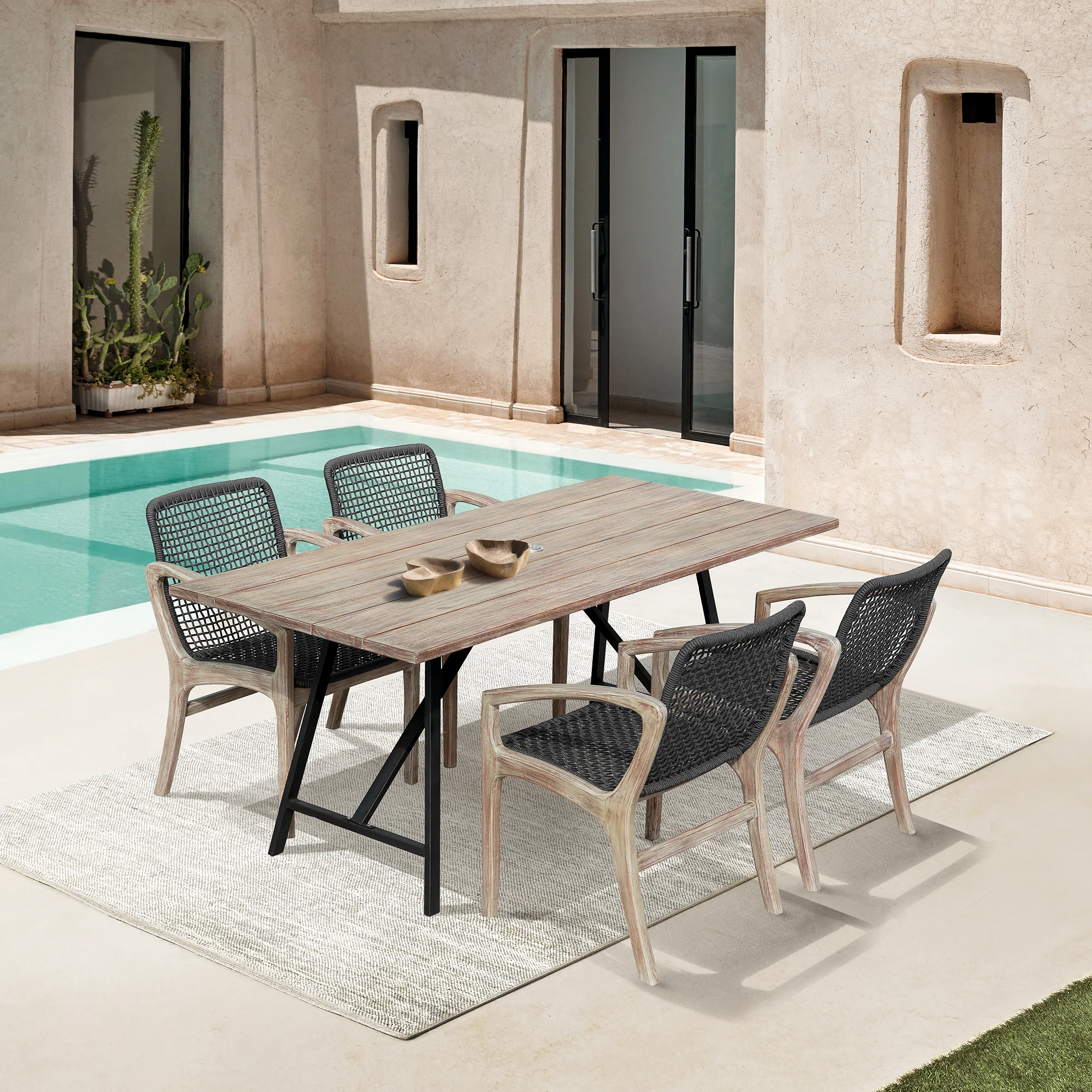 Koala and Brighton 5 Piece Outdoor Patio Dining Set in Dark Eucalyptus Wood and Grey Rope By Armen Living - Image 11