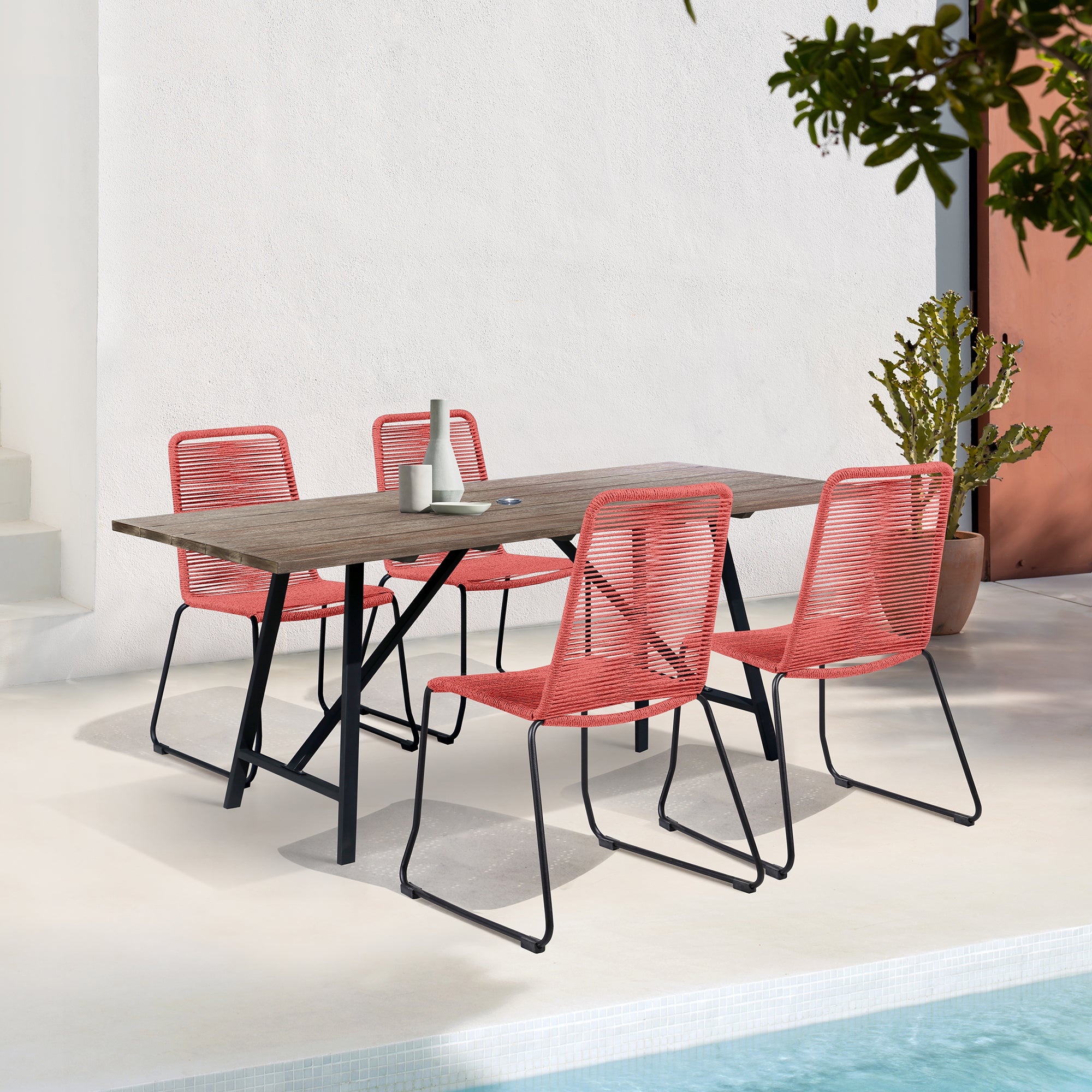 Koala and Shasta 5 Piece Outdoor Patio Dining Set in Light Eucalyptus Wood and Black Rope By Armen Living - Image 11