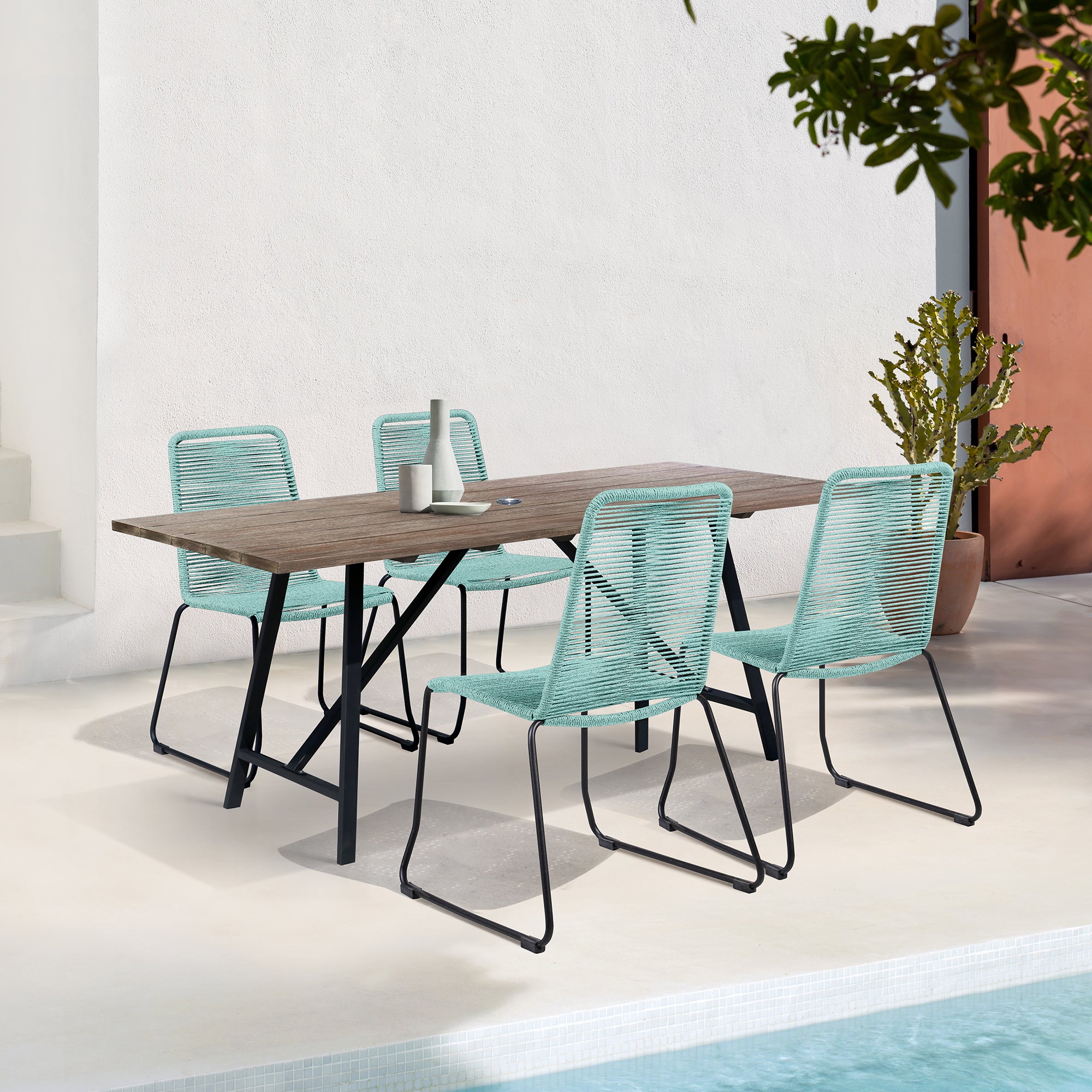 Koala and Shasta 5 Piece Outdoor Patio Dining Set in Light Eucalyptus Wood and Black Rope By Armen Living - Image 21