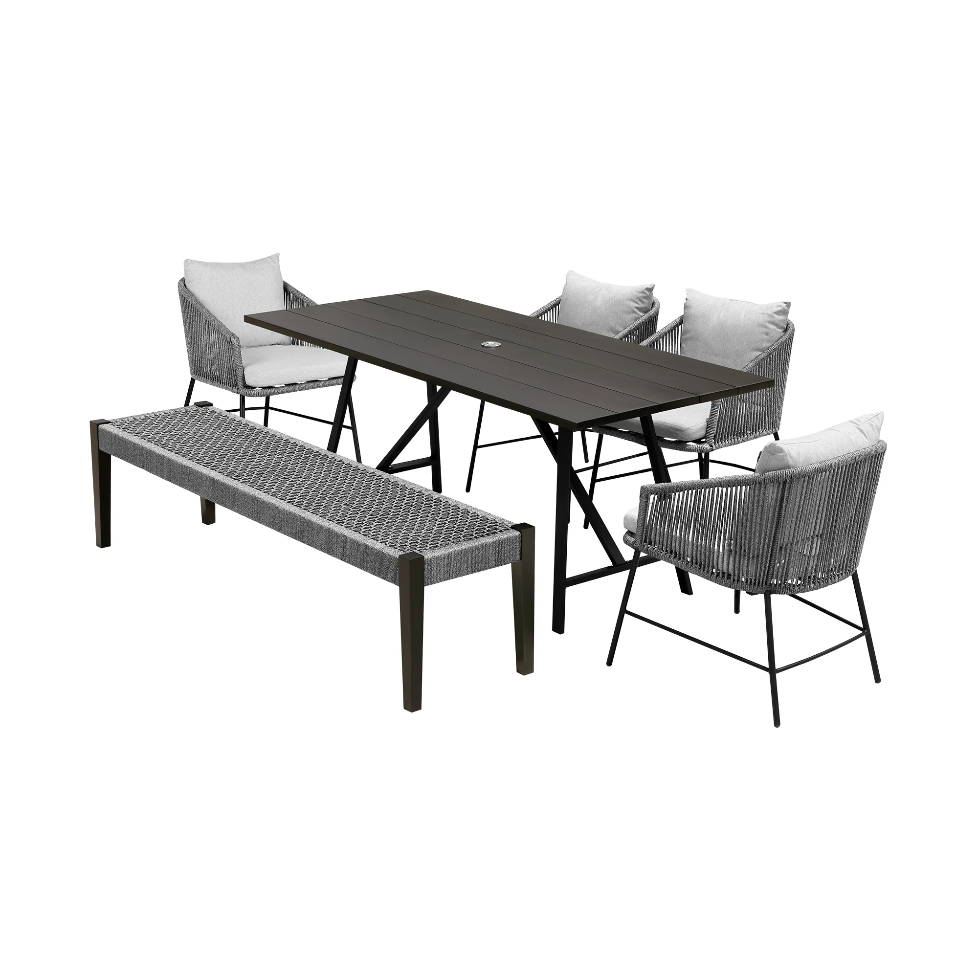 Koala Calica and Camino 6 Piece Outdoor Dining Set with Dark Eucalyptus Wood and Grey Rope and Cushions By Armen Living - Image 2