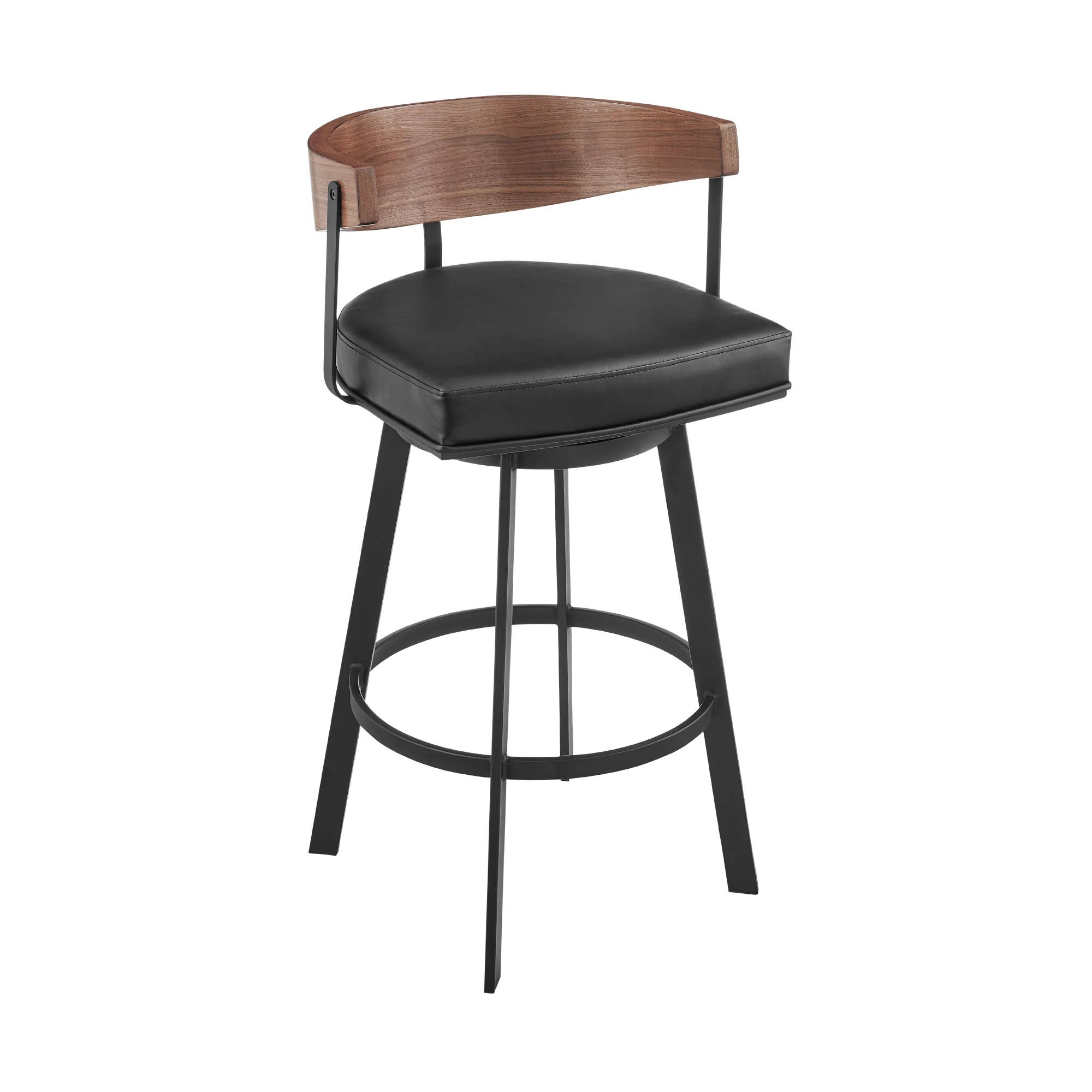 Lacey 26" Swivel Counter Stool in Black Iron with Walnut Finish and Vintage Black Faux Leather By Armen Living - Image 2