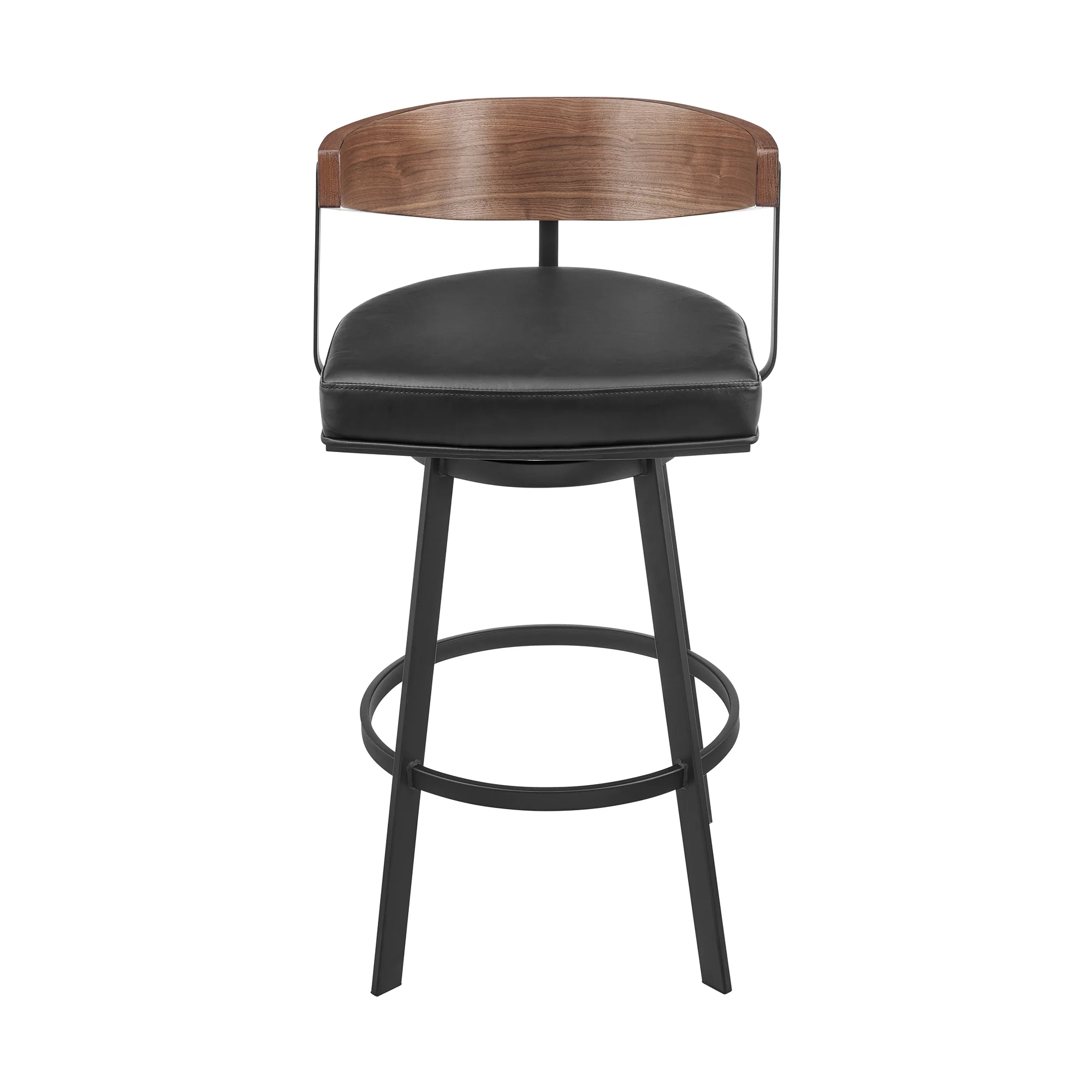 Lacey 26" Swivel Counter Stool in Black Iron with Walnut Finish and Vintage Black Faux Leather By Armen Living - Image 3