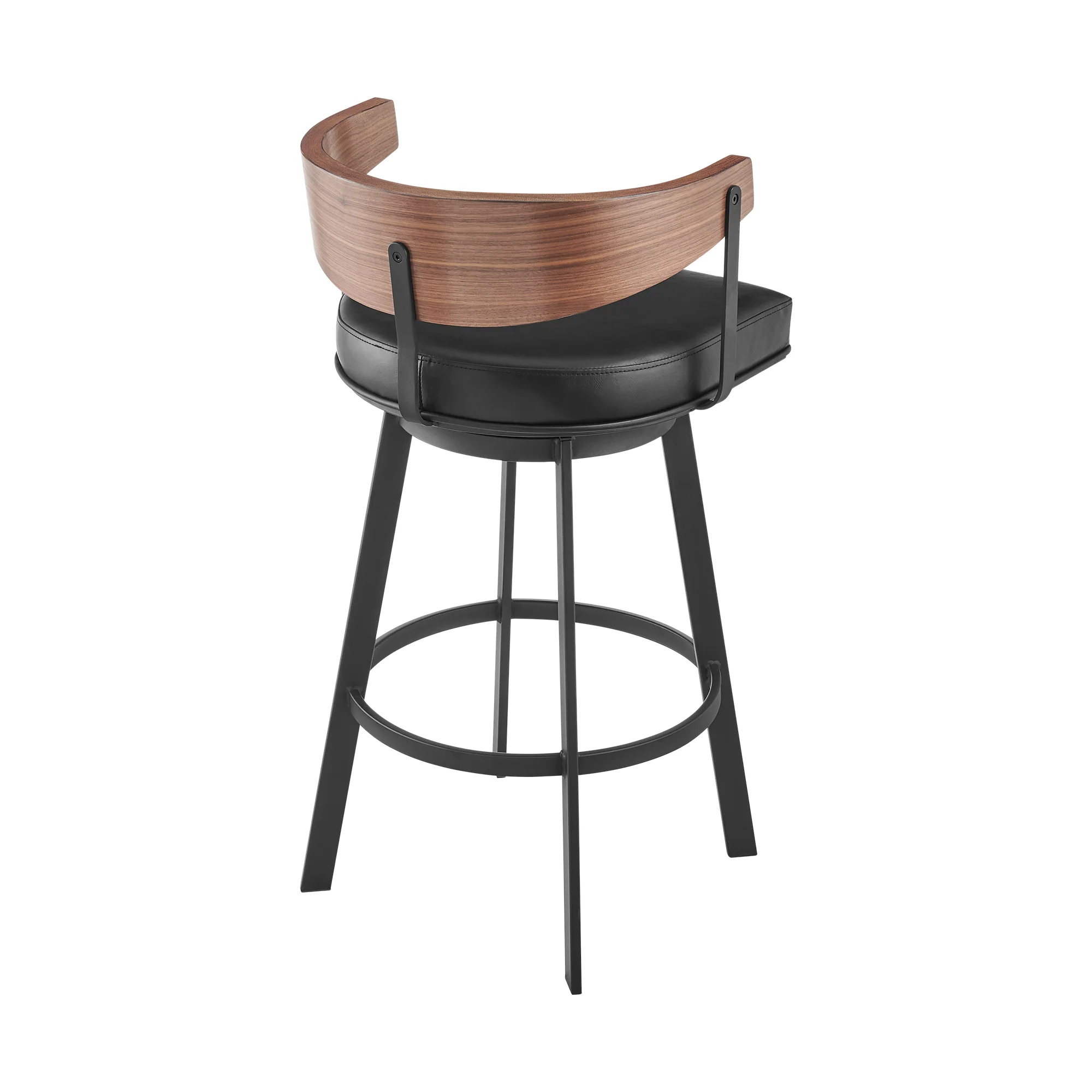 Lacey 26" Swivel Counter Stool in Black Iron with Walnut Finish and Vintage Black Faux Leather By Armen Living - Image 4