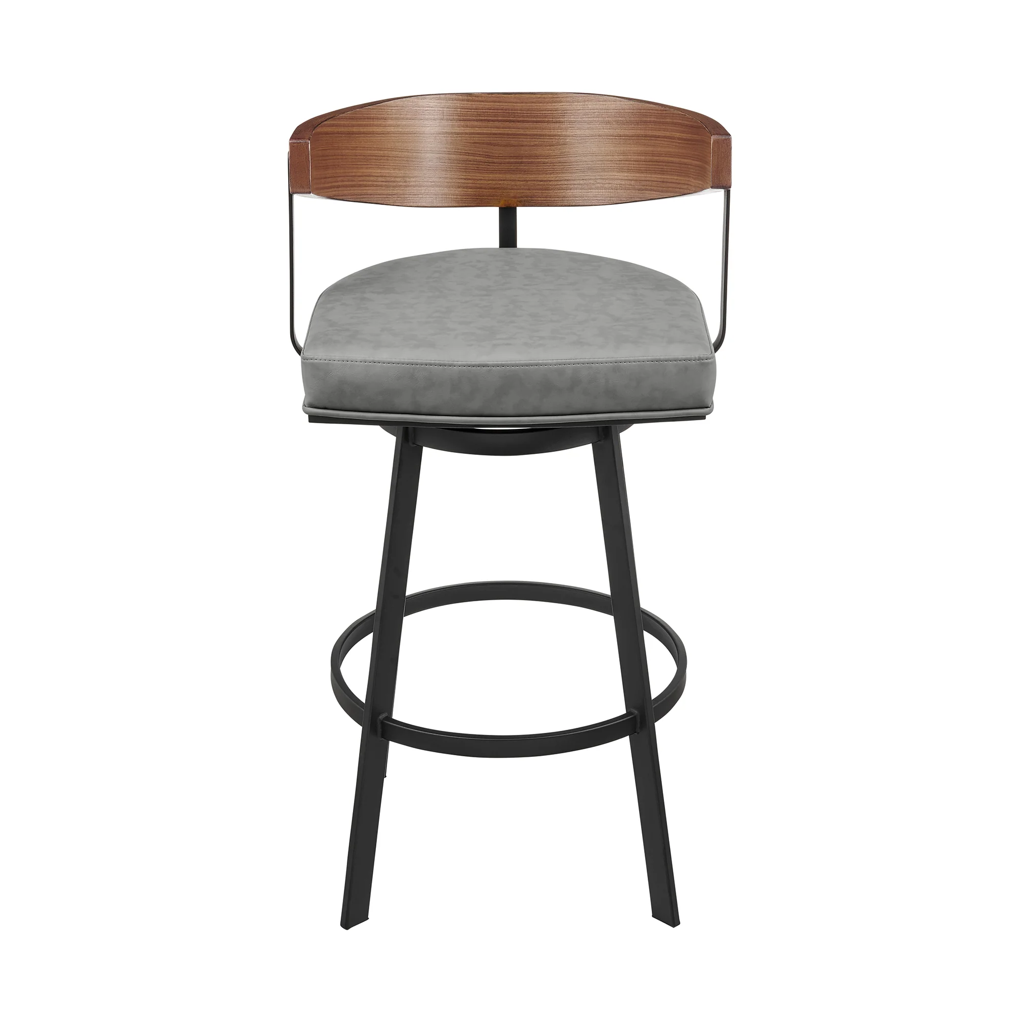 Lacey 26" Swivel Counter Stool in Black Iron with Walnut Finish and Vintage Gray Faux Leather By Armen Living - Image 3