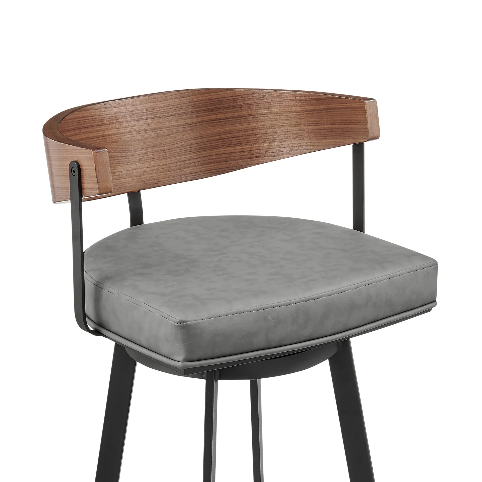 Lacey 26" Swivel Counter Stool in Black Iron with Walnut Finish and Vintage Gray Faux Leather By Armen Living - Image 5