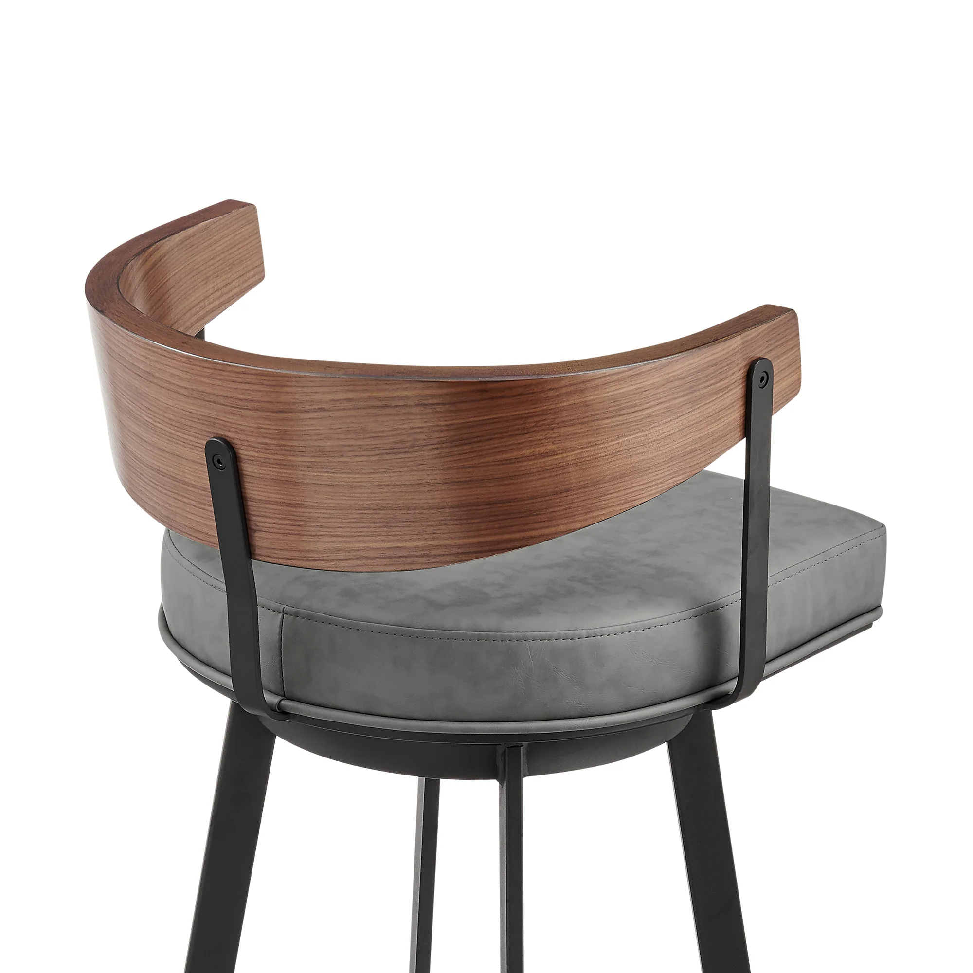 Lacey 26" Swivel Counter Stool in Black Iron with Walnut Finish and Vintage Gray Faux Leather By Armen Living - Image 6