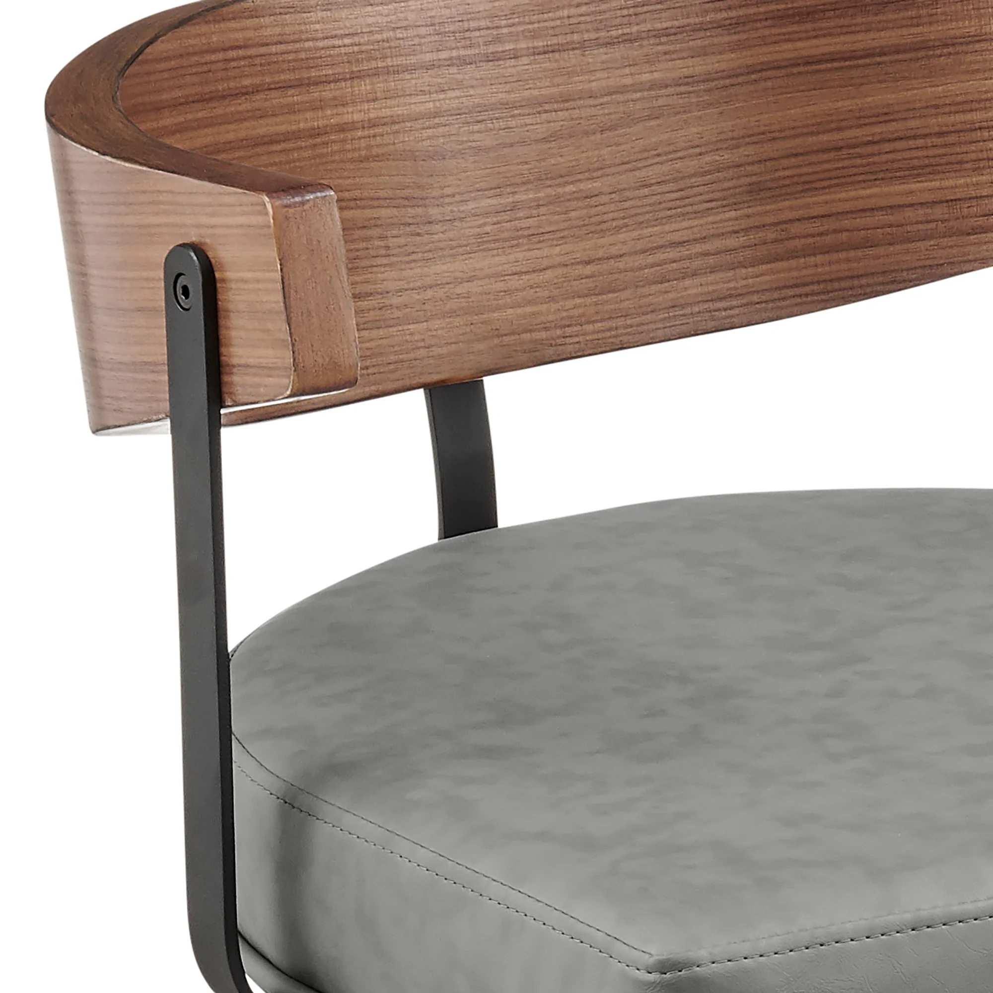 Lacey 26" Swivel Counter Stool in Black Iron with Walnut Finish and Vintage Gray Faux Leather By Armen Living - Image 7