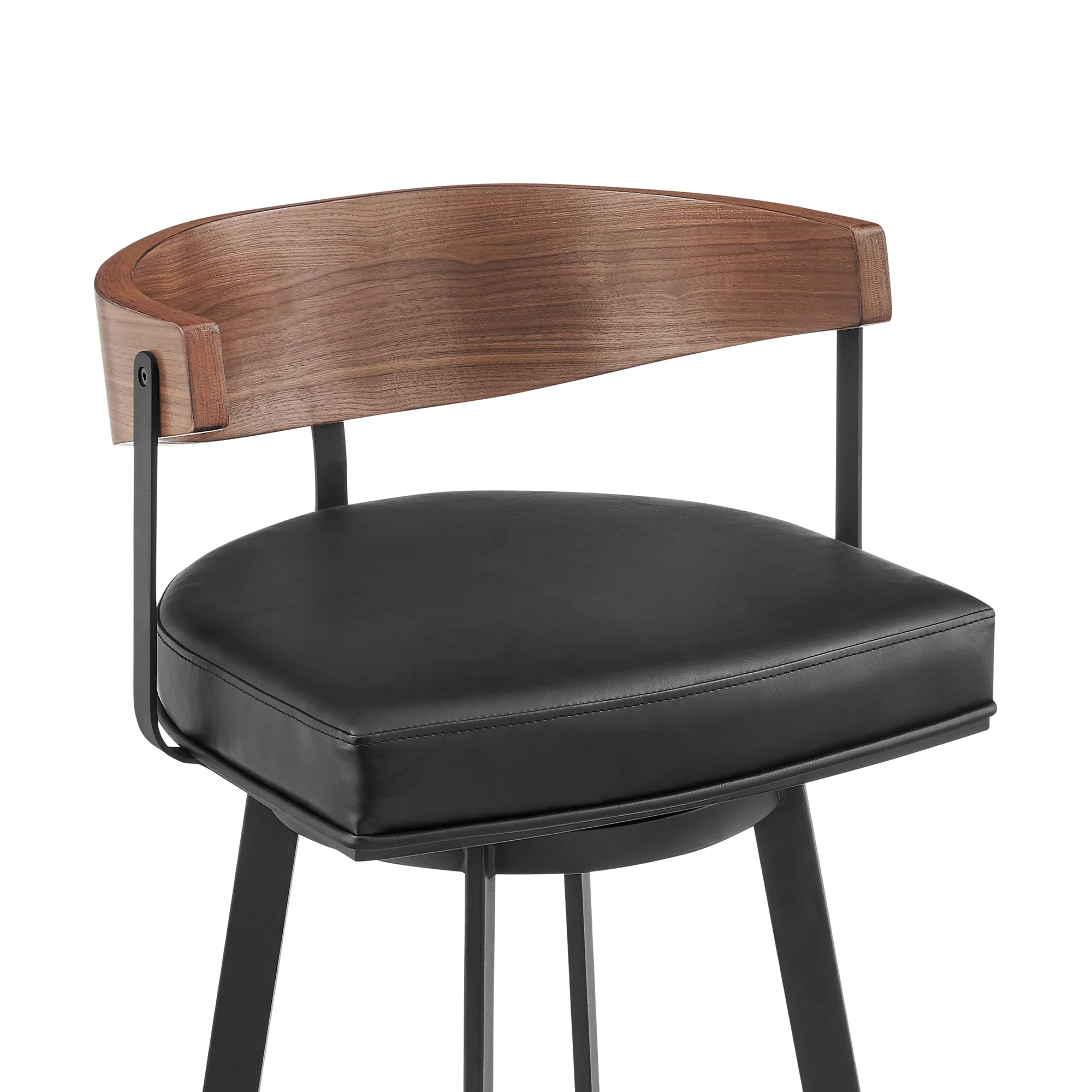 Lacey 30" Swivel Bar Stool in Black Iron with Walnut Finish and Vintage Black Faux Leather By Armen Living - Image 5
