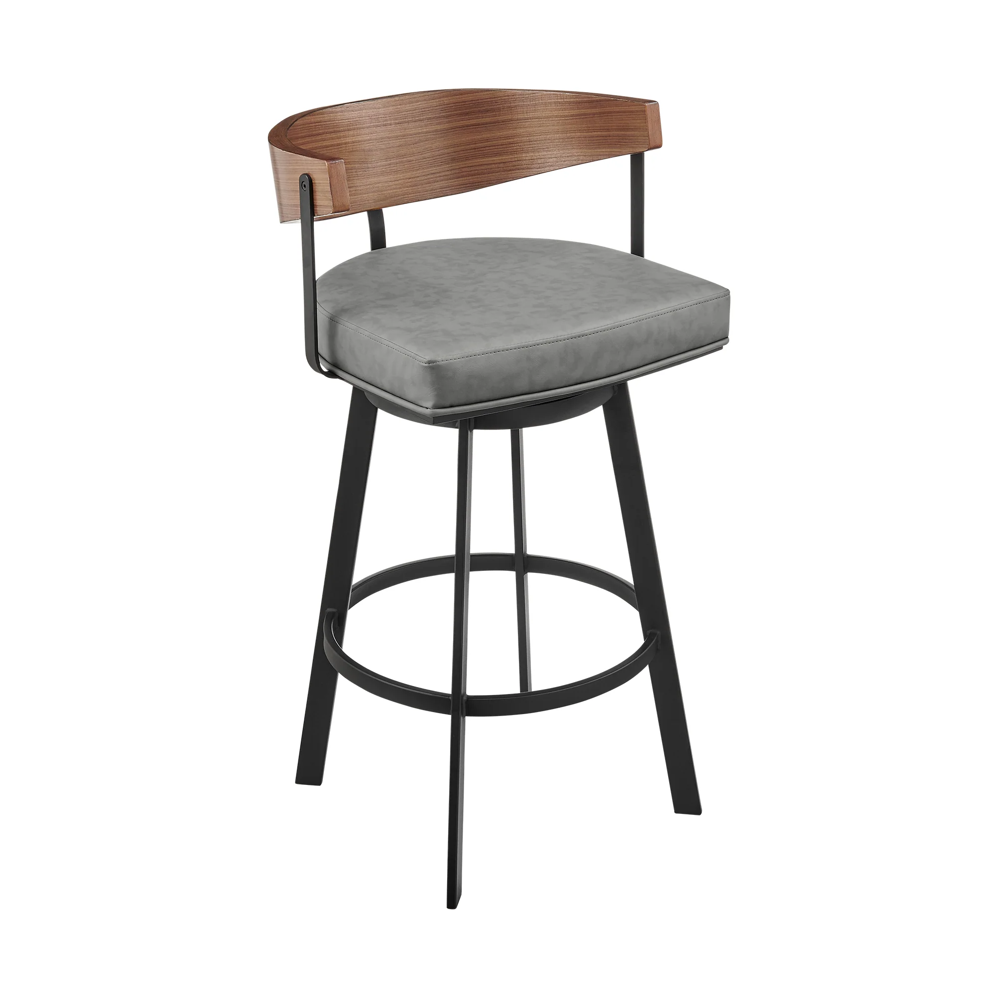 Lacey 30" Swivel Bar Stool in Black Iron with Walnut Finish and Vintage Gray Faux Leather By Armen Living - Image 2