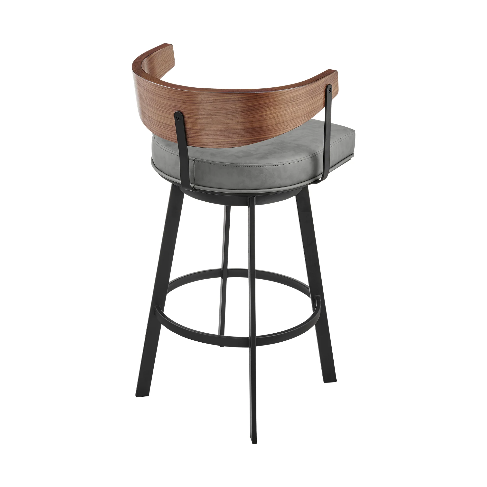 Lacey 30" Swivel Bar Stool in Black Iron with Walnut Finish and Vintage Gray Faux Leather By Armen Living - Image 4