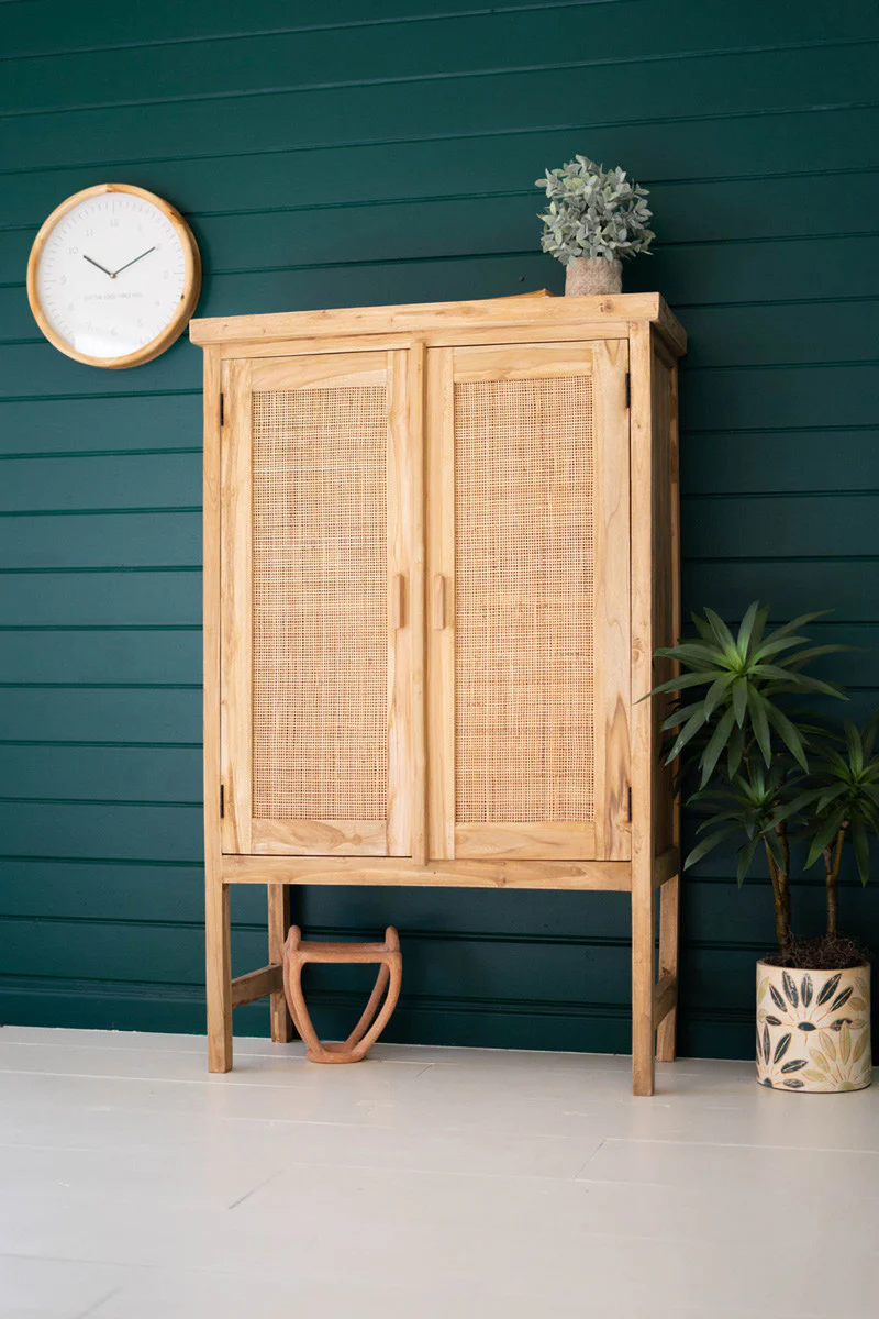 Large Two Door Wooden Cabinet With  Woven Cane Detail By Kalalou - Image 2