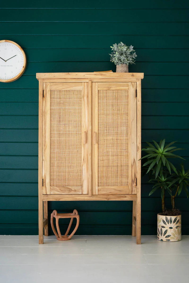 Large Two Door Wooden Cabinet With  Woven Cane Detail By Kalalou - Image 3