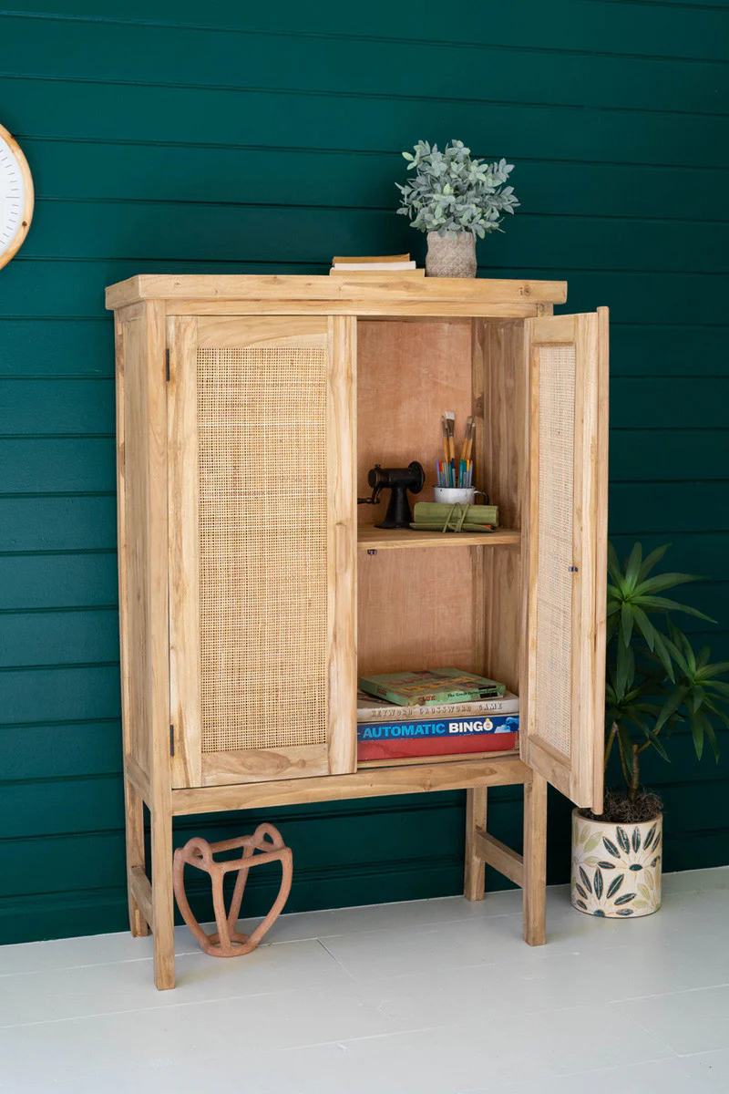Large Two Door Wooden Cabinet With  Woven Cane Detail By Kalalou - Image 4