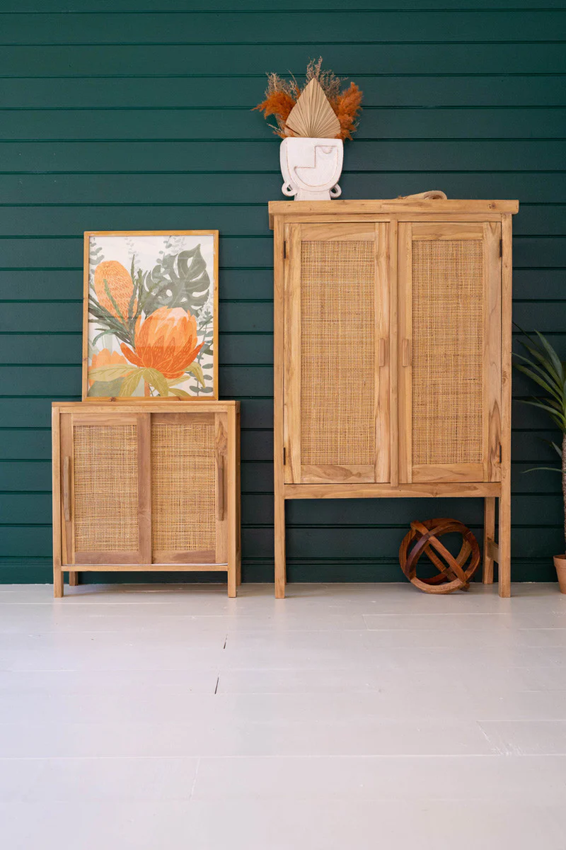 Large Two Door Wooden Cabinet With  Woven Cane Detail By Kalalou - Image 6