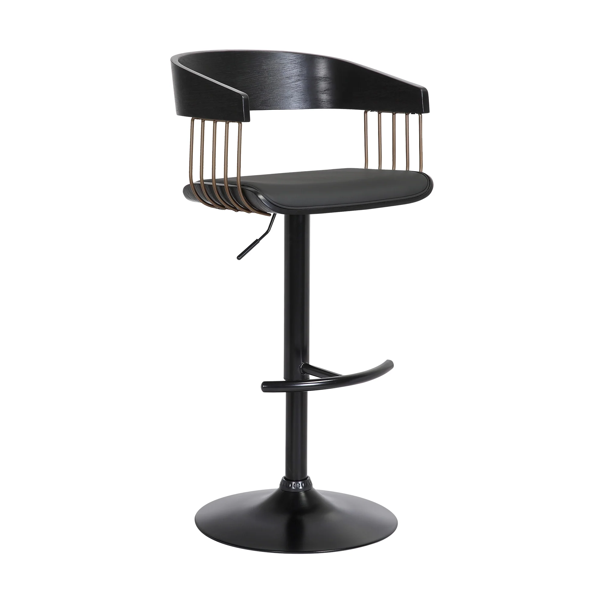 Larisa Adjustable Black Wood Bar Stool in Black Faux Leather with Golden Bronze and Black Metal By Armen Living - Image 2