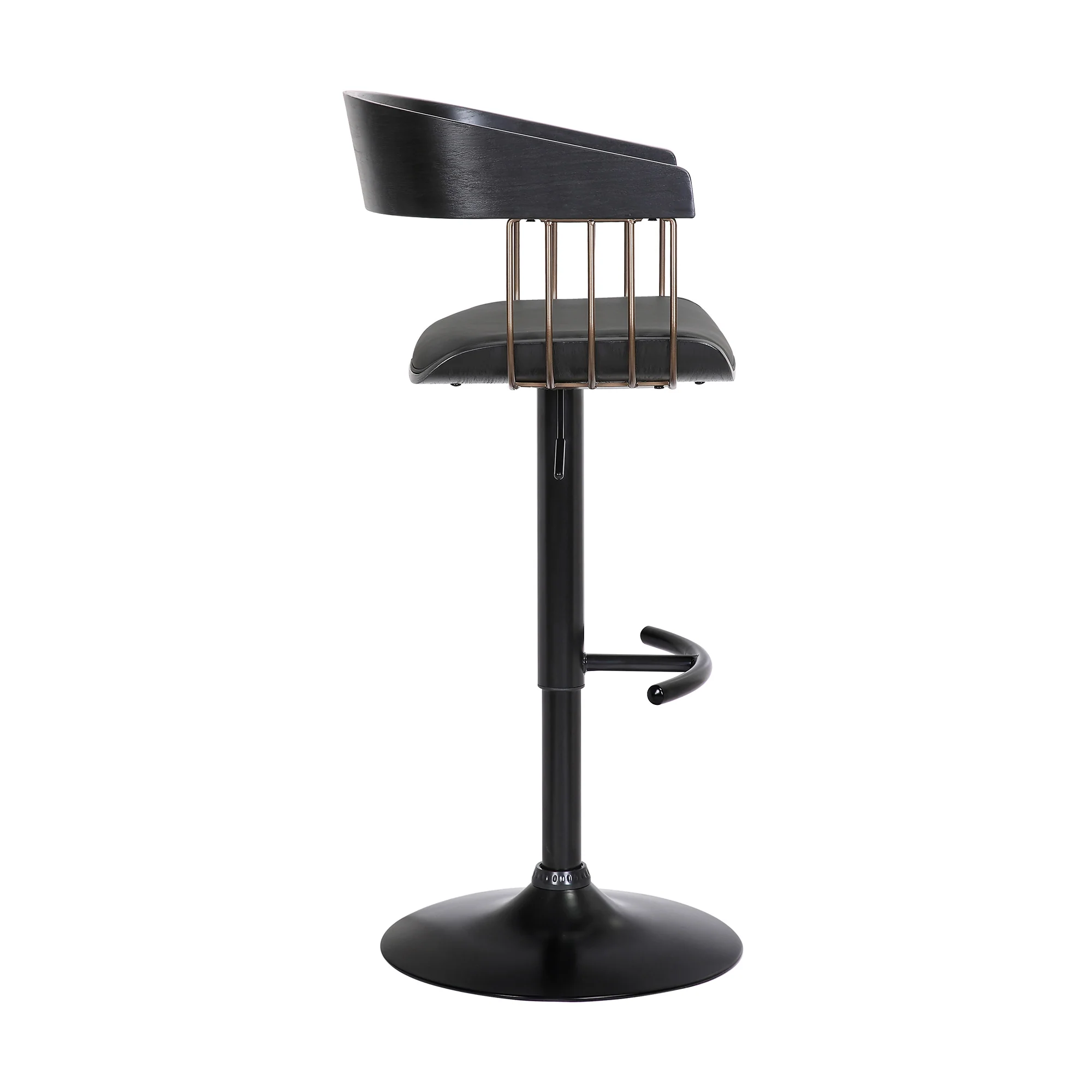 Larisa Adjustable Black Wood Bar Stool in Black Faux Leather with Golden Bronze and Black Metal By Armen Living - Image 4