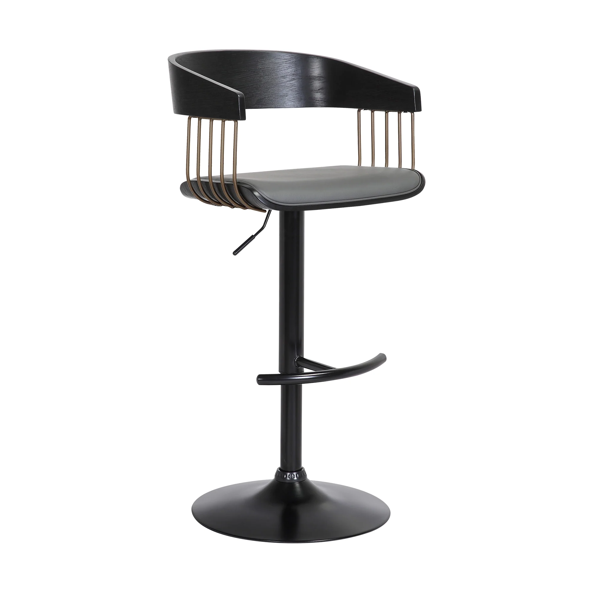 Larisa Adjustable Black Wood Bar Stool in Gray Faux Leather with Golden Bronze and Black Metal By Armen Living - Image 2