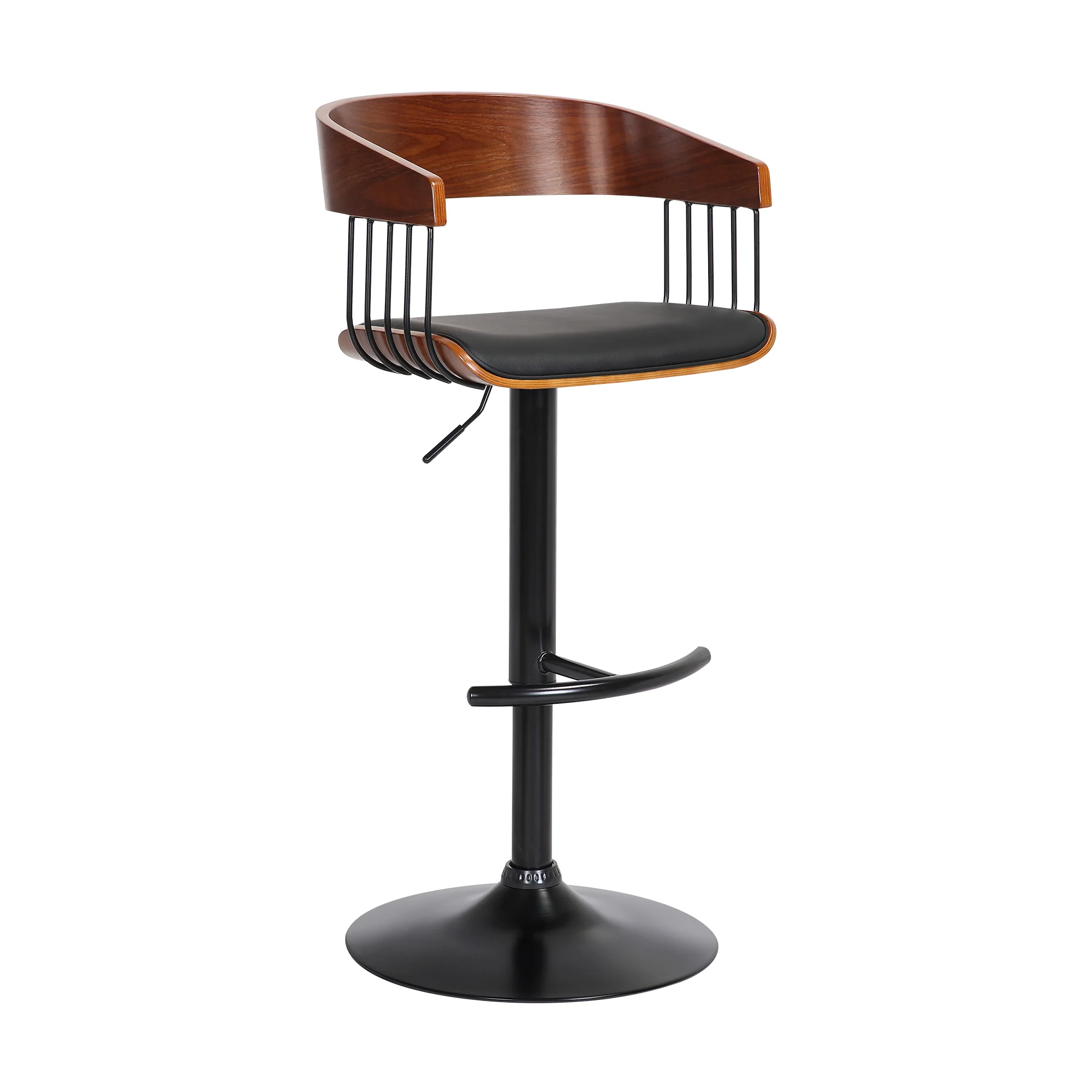 Larisa Adjustable Walnut Wood Bar Stool in Black Faux Leather with Black Metal By Armen Living - Image 2
