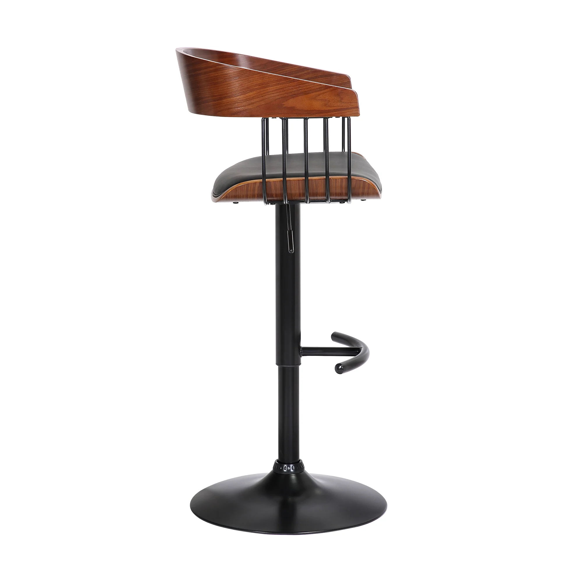 Larisa Adjustable Walnut Wood Bar Stool in Black Faux Leather with Black Metal By Armen Living - Image 4