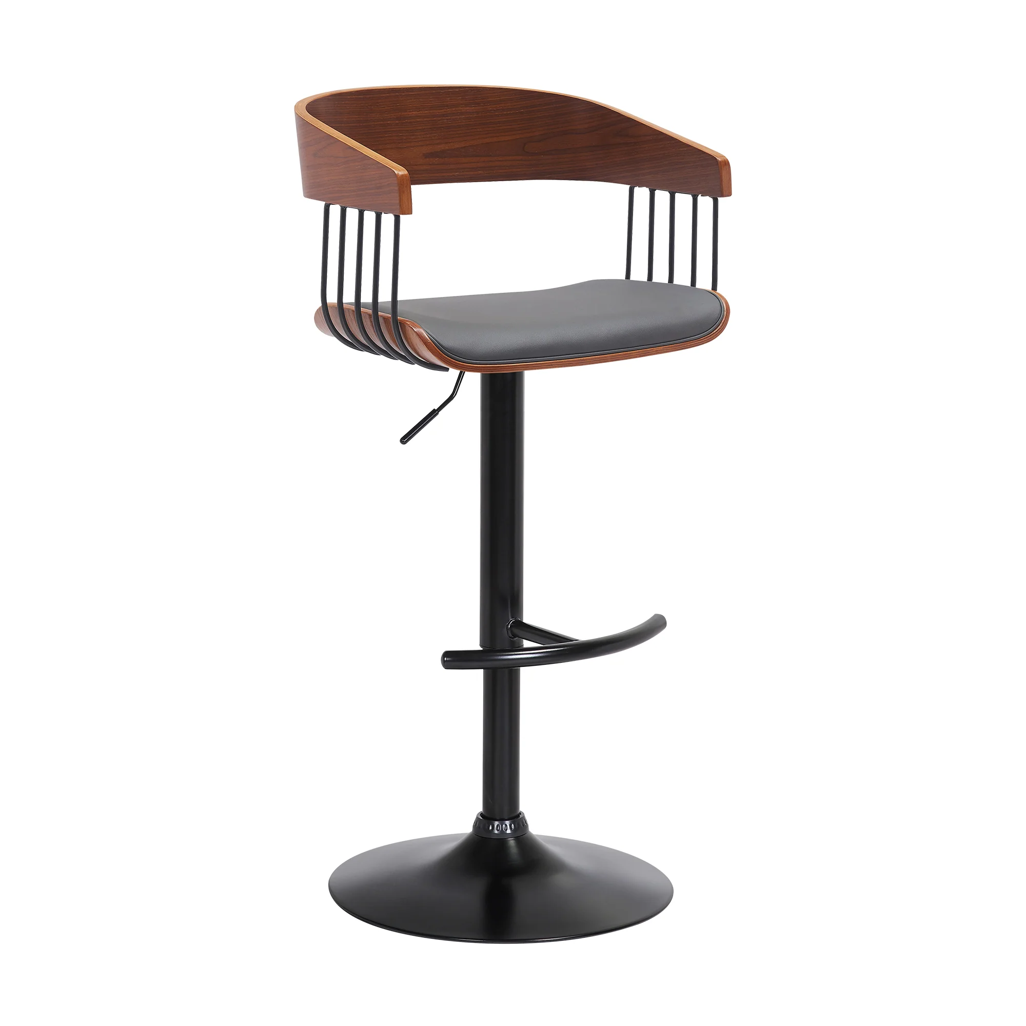 Larisa Adjustable Walnut Wood Bar Stool in Gray Faux Leather with Black Metal By Armen Living - Image 2