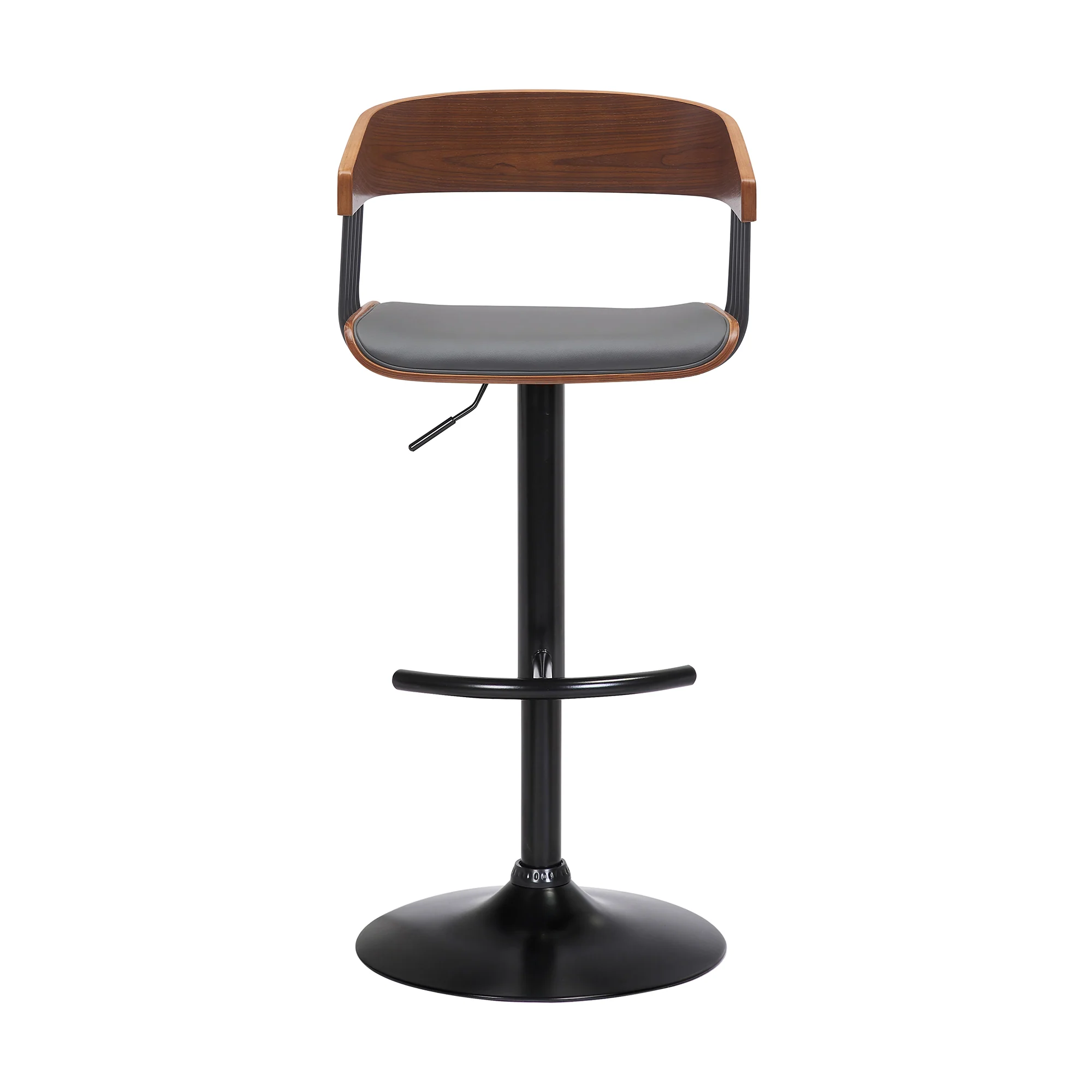 Larisa Adjustable Walnut Wood Bar Stool in Gray Faux Leather with Black Metal By Armen Living - Image 3