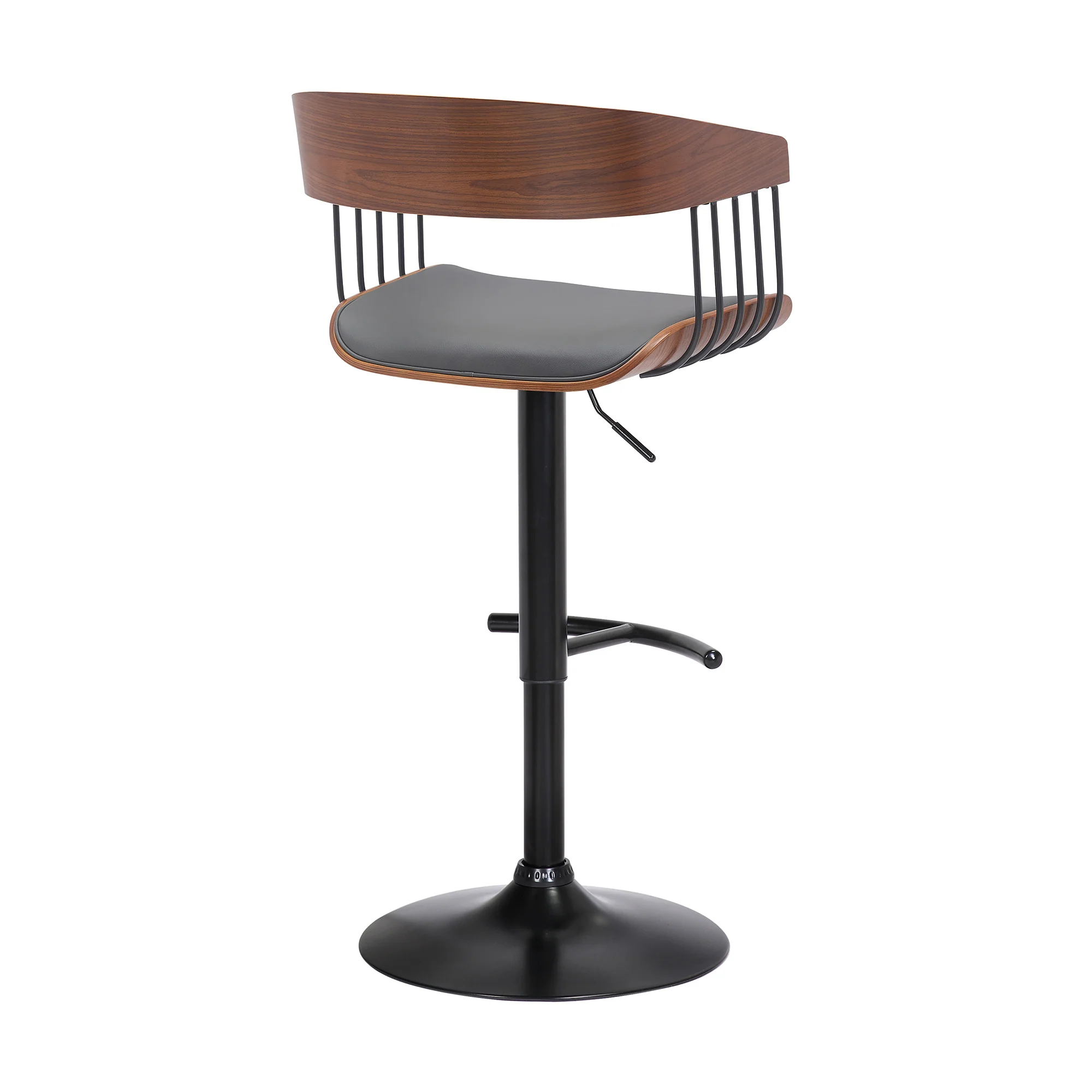 Larisa Adjustable Walnut Wood Bar Stool in Gray Faux Leather with Black Metal By Armen Living - Image 4