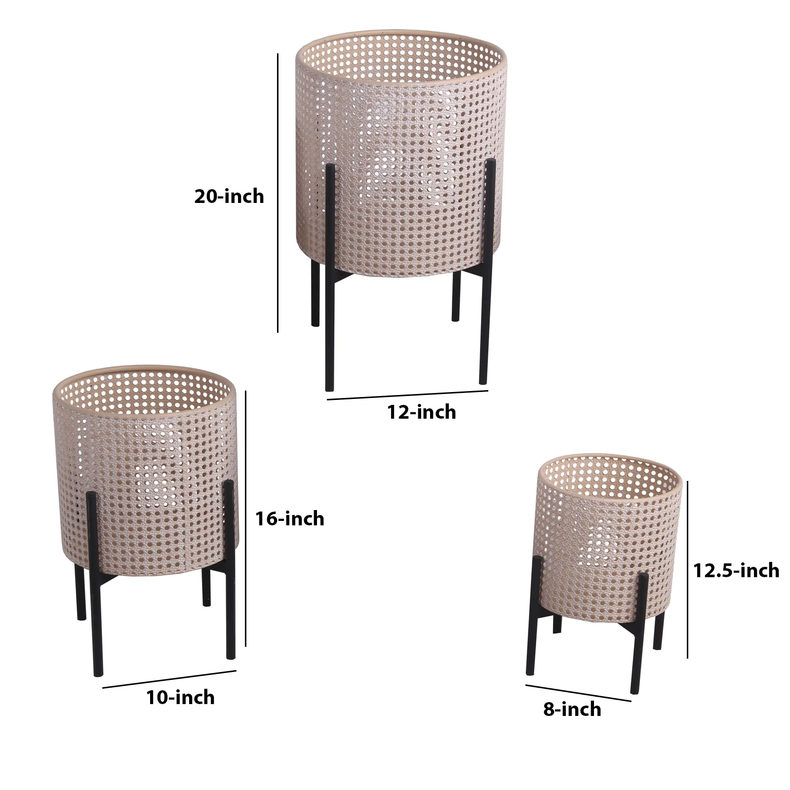 Lattice Round Metal Planter with Tubular Base, Set of 3, Black and Beige By Benzara - Image 2