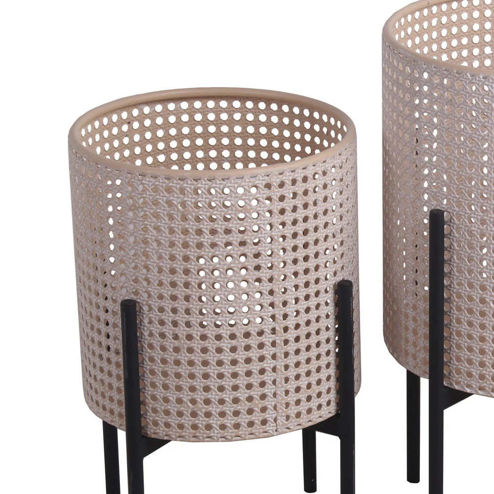 Lattice Round Metal Planter with Tubular Base, Set of 3, Black and Beige By Benzara - Image 3