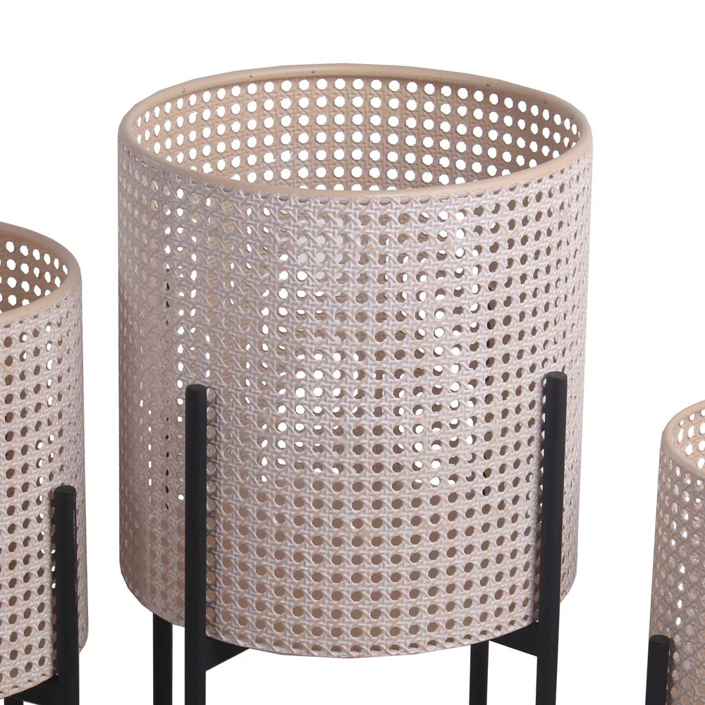 Lattice Round Metal Planter with Tubular Base, Set of 3, Black and Beige By Benzara - Image 4
