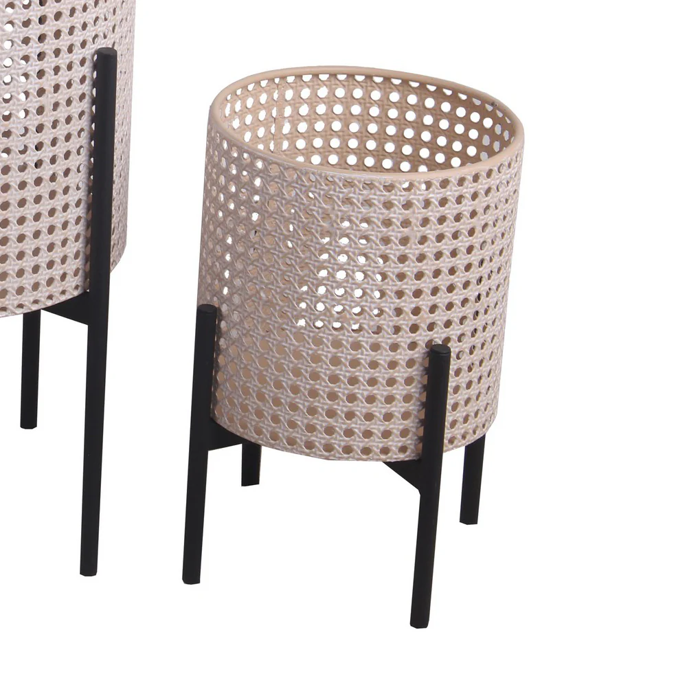 Lattice Round Metal Planter with Tubular Base, Set of 3, Black and Beige By Benzara - Image 5