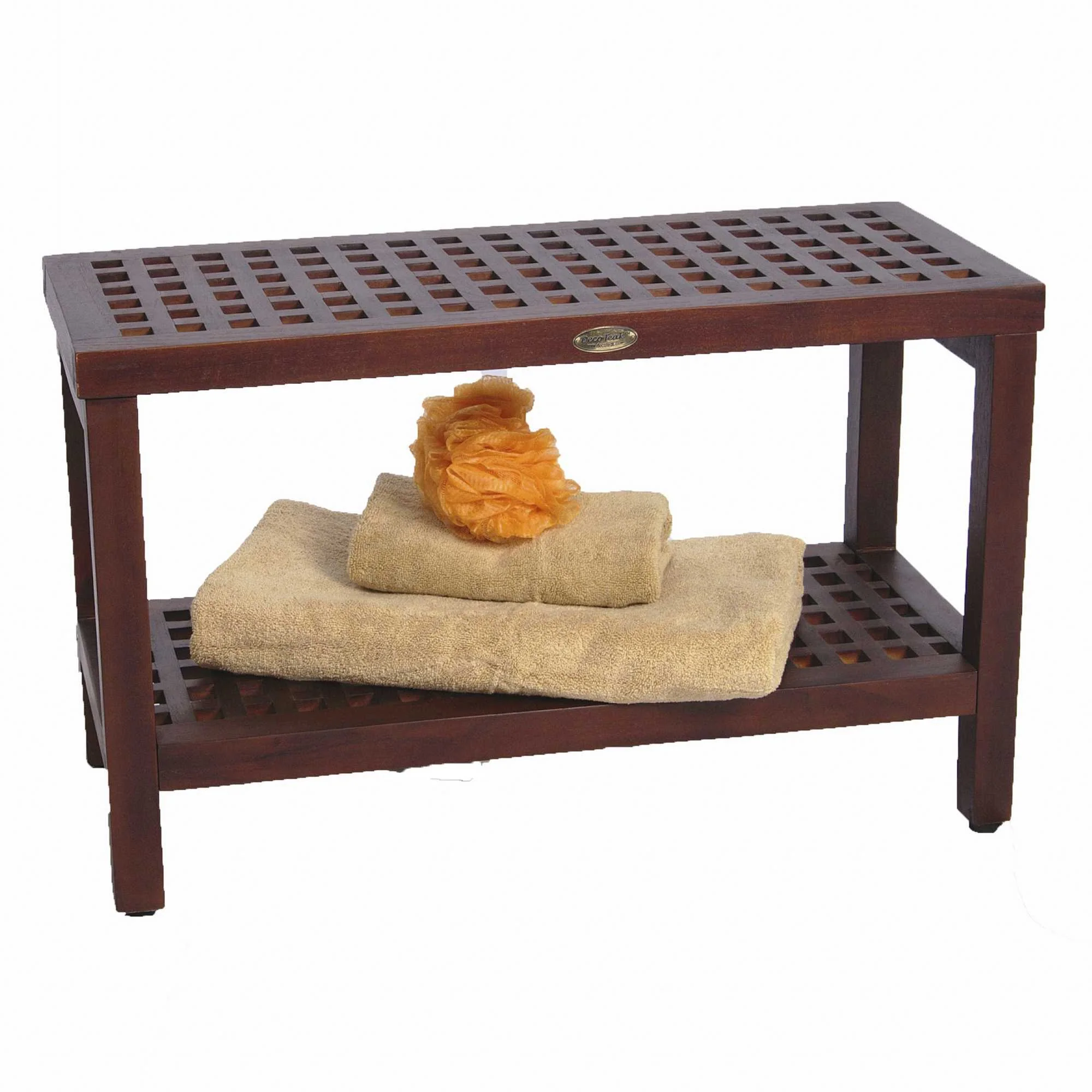 Lattice Teak Shower Bench with Shelf in Brown Finish By Homeroots - Image 2