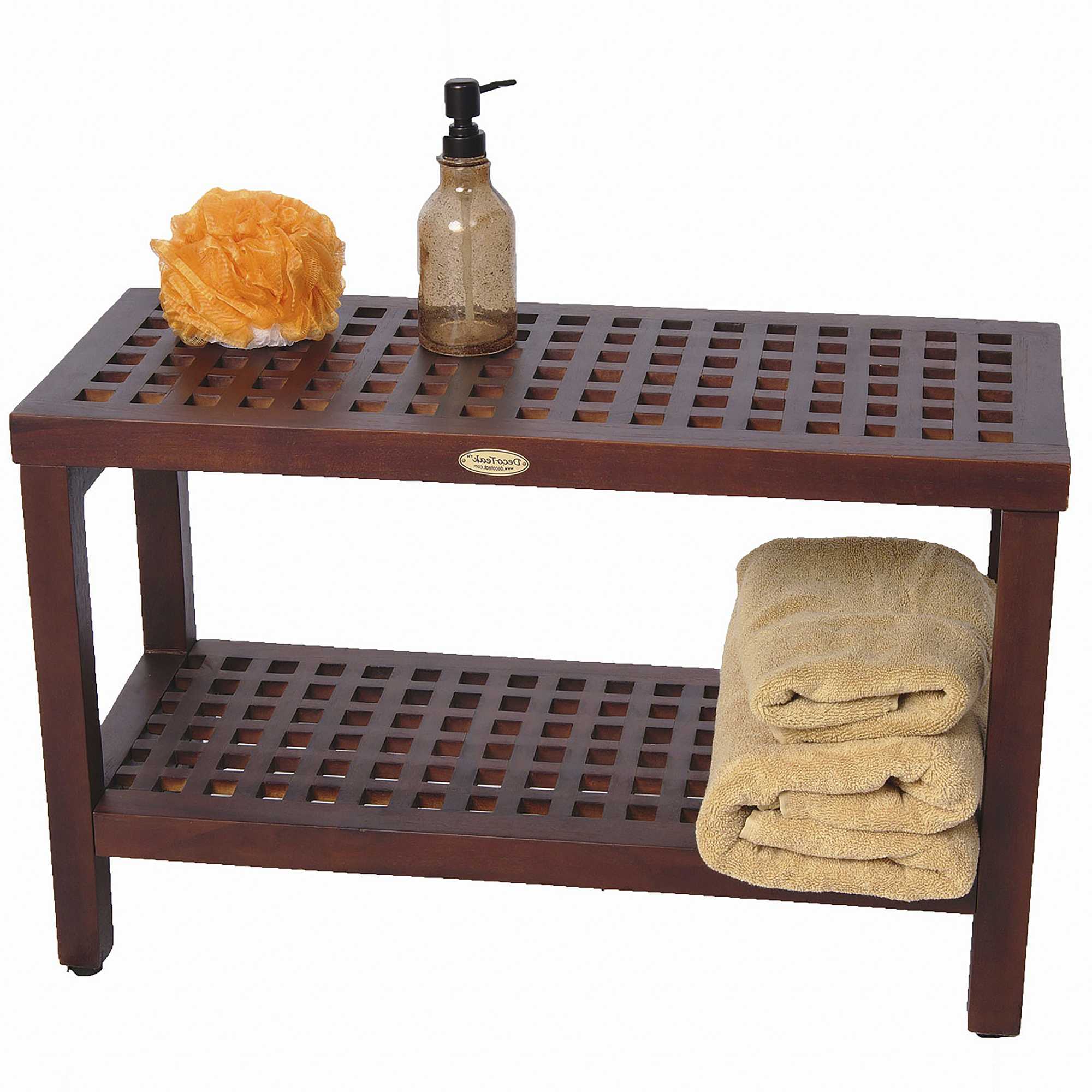 Lattice Teak Shower Bench with Shelf in Brown Finish By Homeroots - Image 3